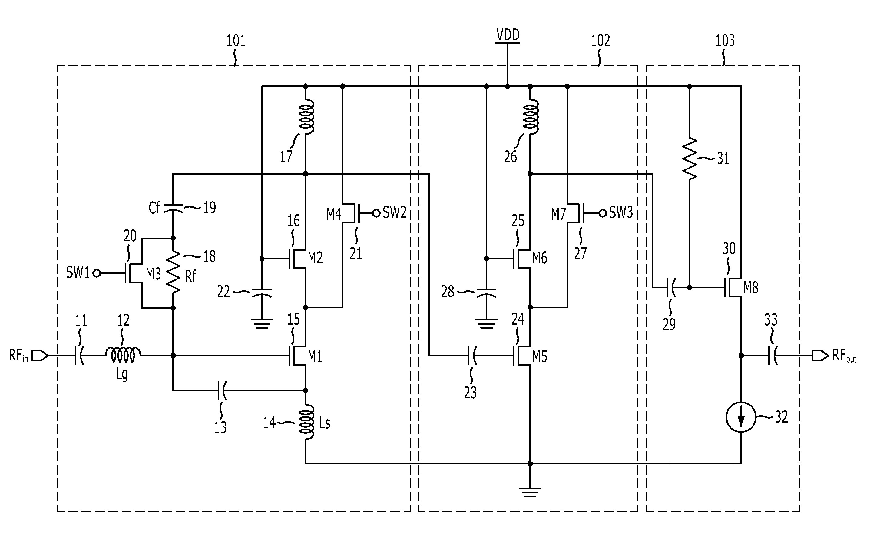Controlled-gain wideband feedback low noise amplifier