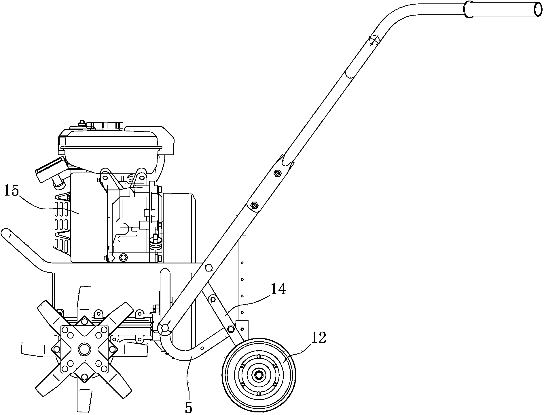 Portable mini tiller rear wheel assembly and engine arrangement structure