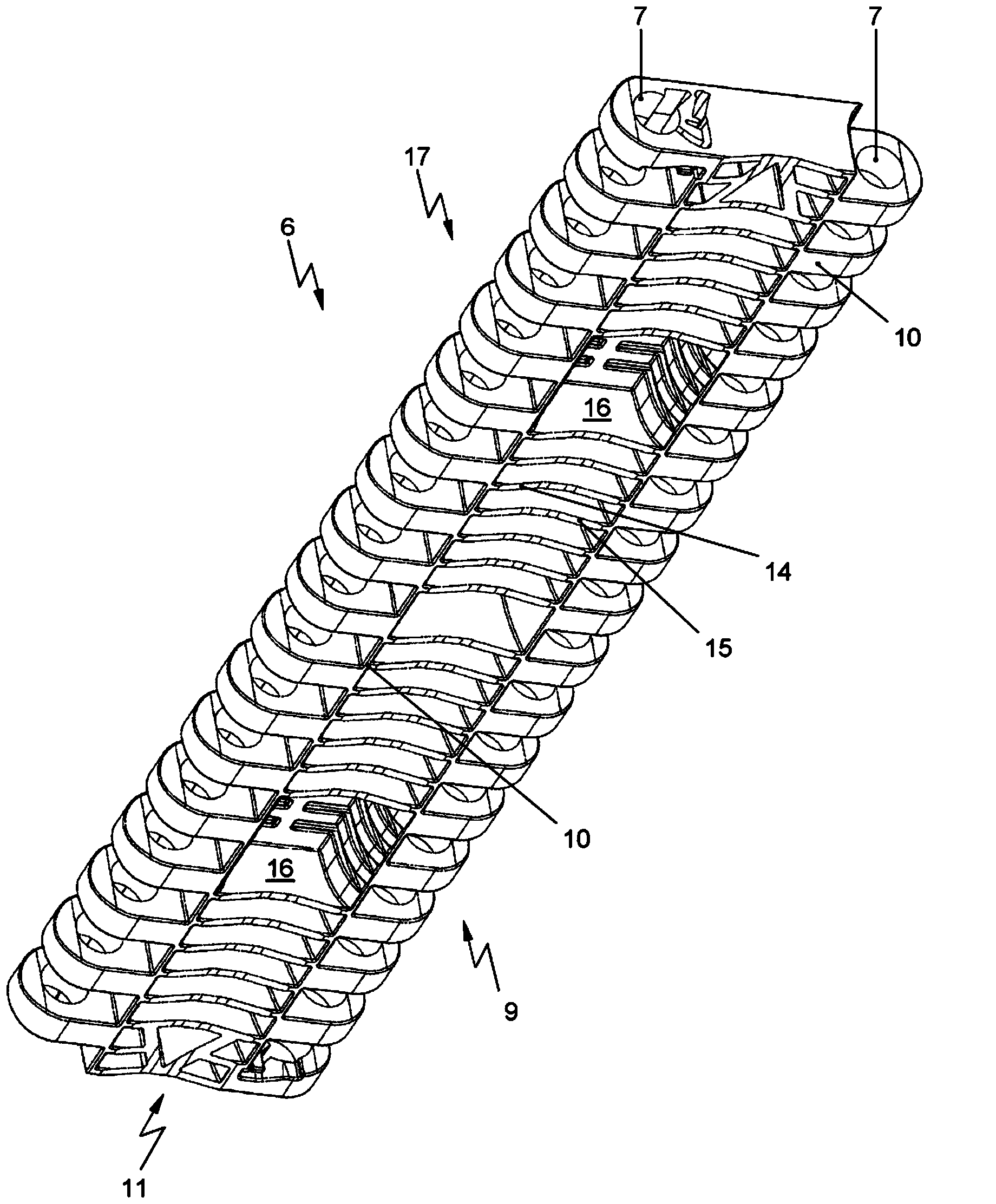 Conveying system, and use of a chamber extending inwardly with respect to a plastic module in a conveying system