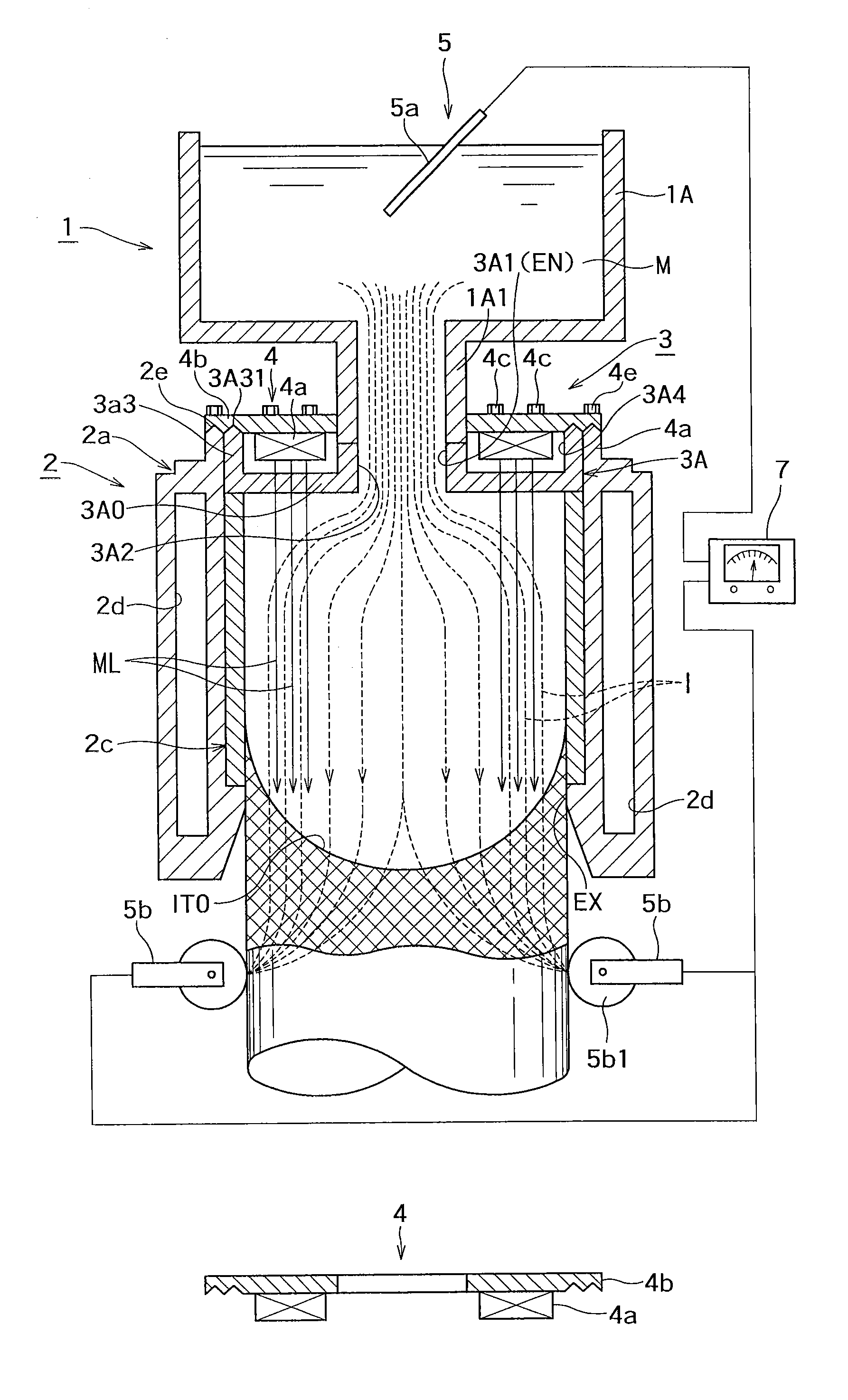 Molding device for continuous casting with stirring unit