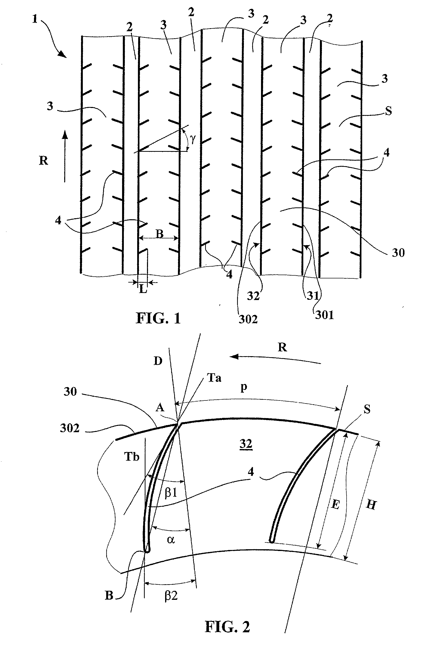 Tread comprising ribs provided with incisions of varying inclination