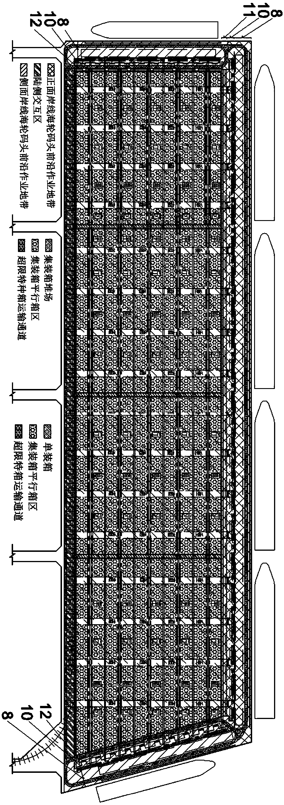 Container wharf of three-side shorelines, loading and unloading system and working method of loading and unloading system