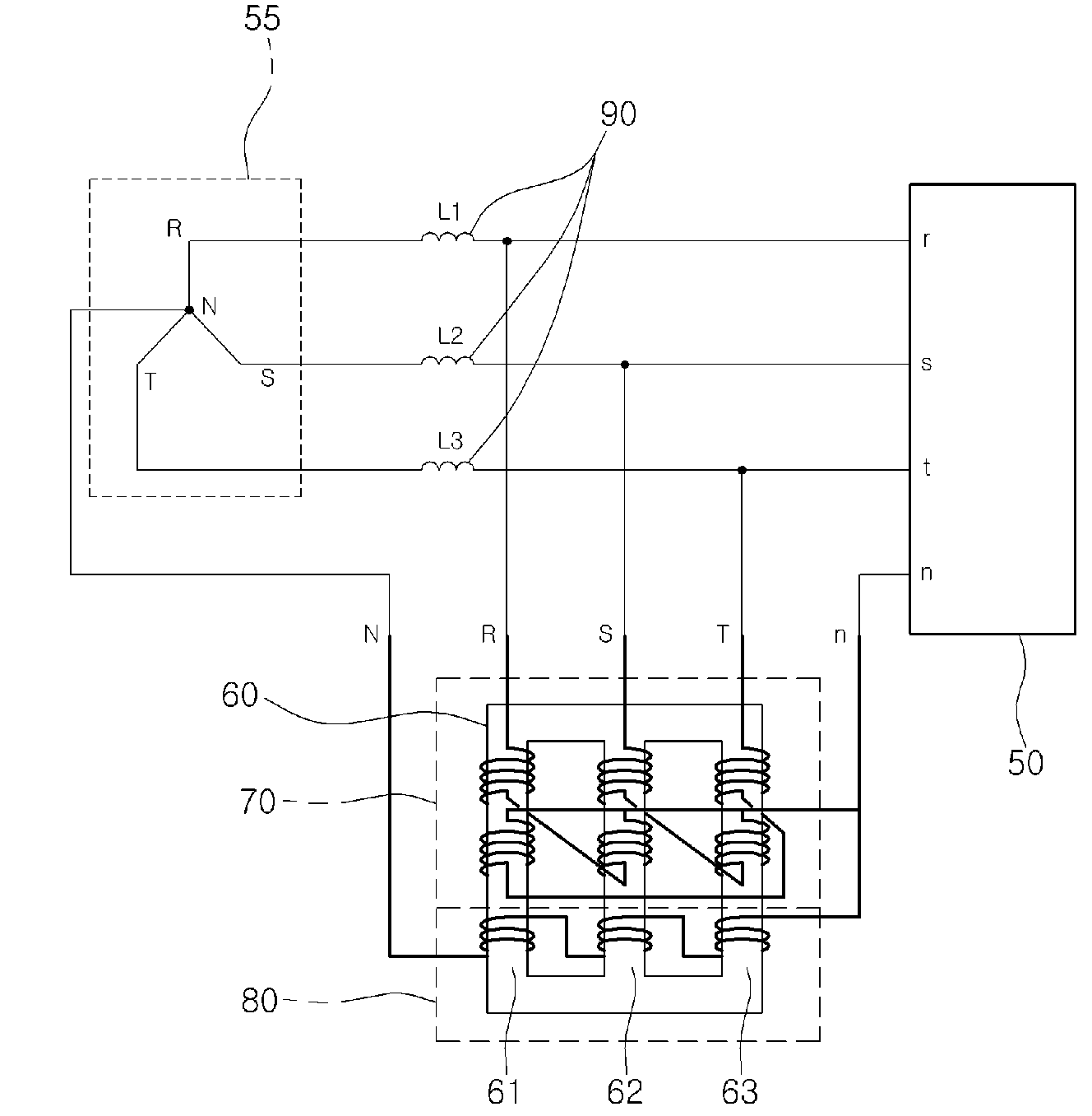 Device for reducing harmonics in three-phase poly-wire power lines
