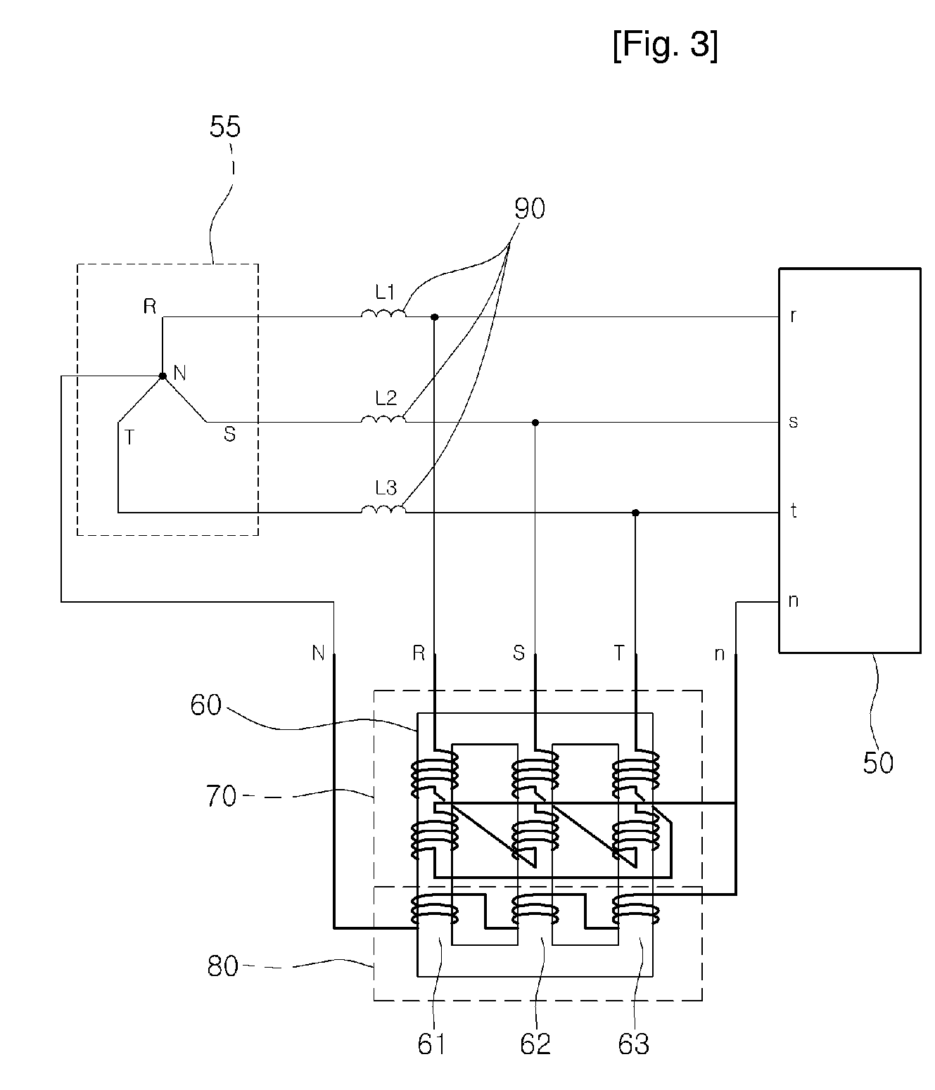 Device for reducing harmonics in three-phase poly-wire power lines