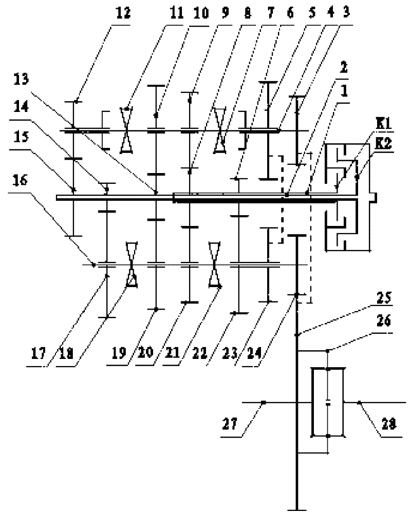 Double-clutch automatic transmission without reverse gear shaft