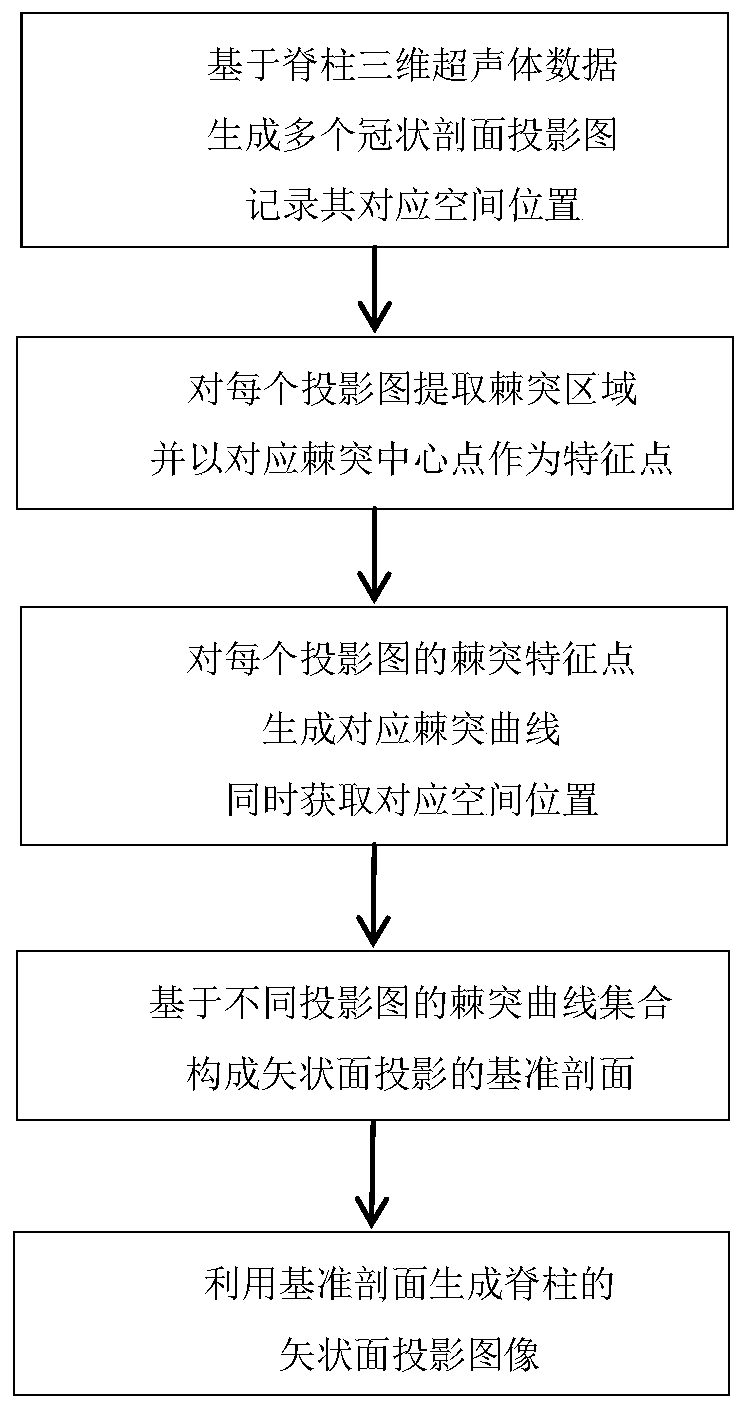 Three-dimensional ultrasonic spinal data based sagittal plane projection imaging method