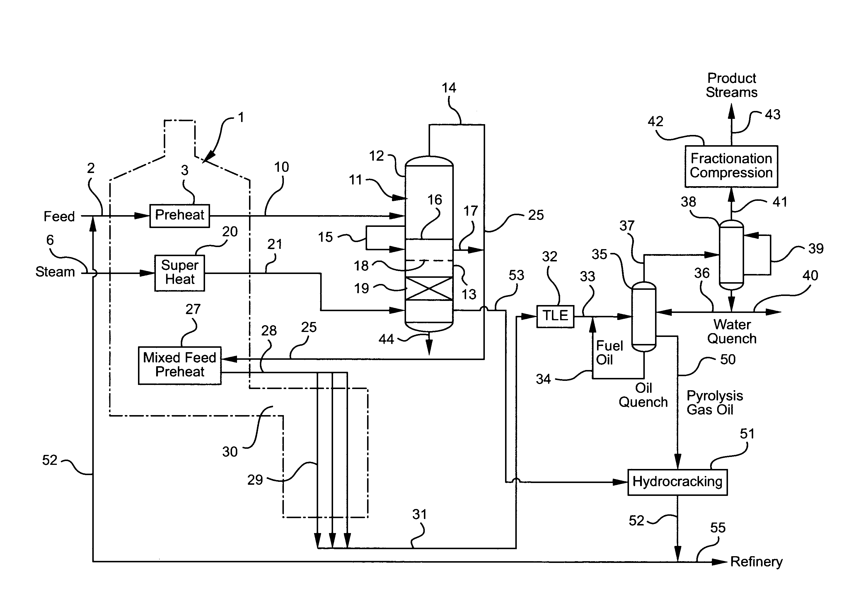 Olefin production utilizing whole crude oil/condensate feedstock and selective hydrocracking