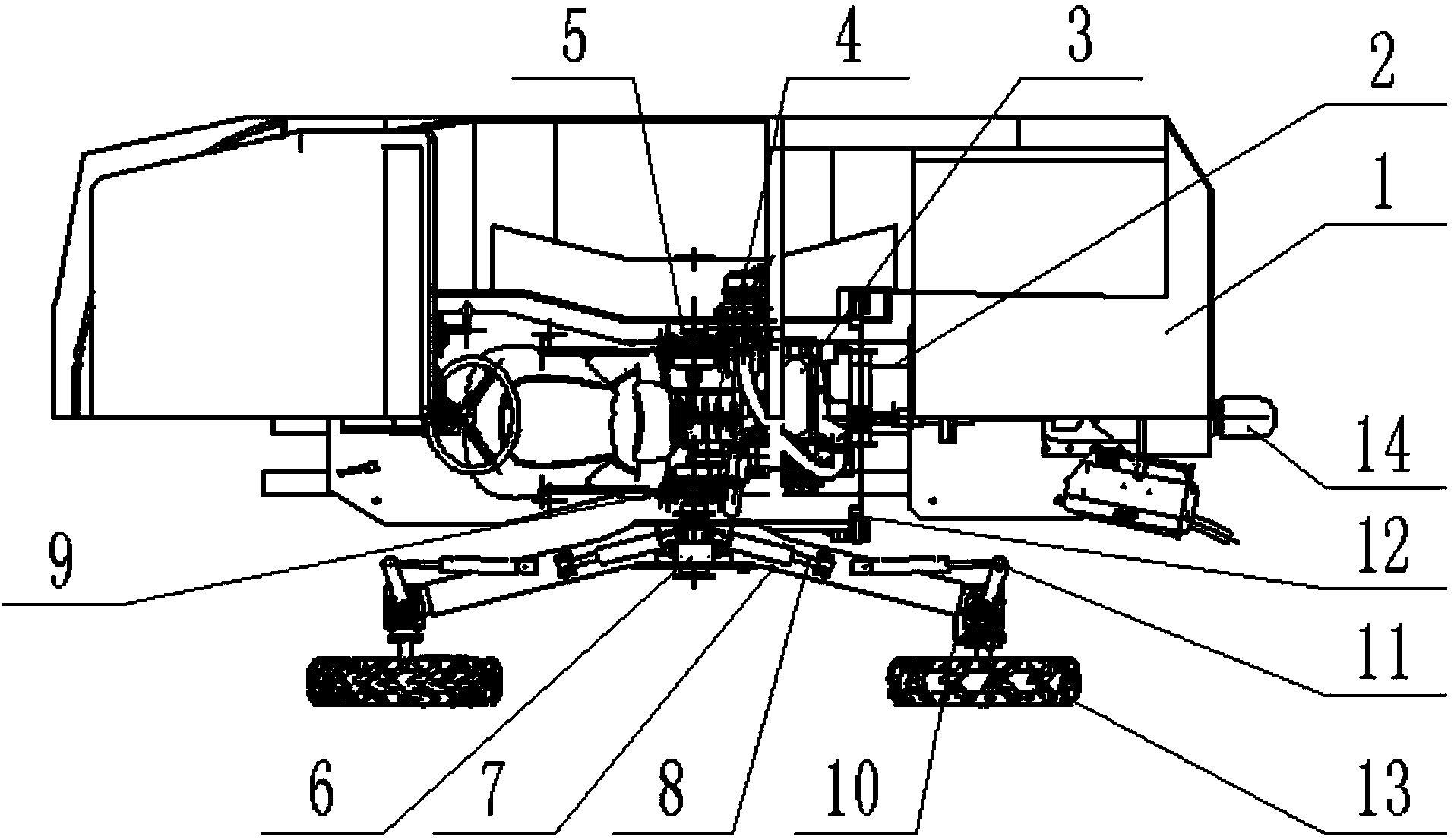 Traveling device with balanced rocker arm suspension and deformable wheels