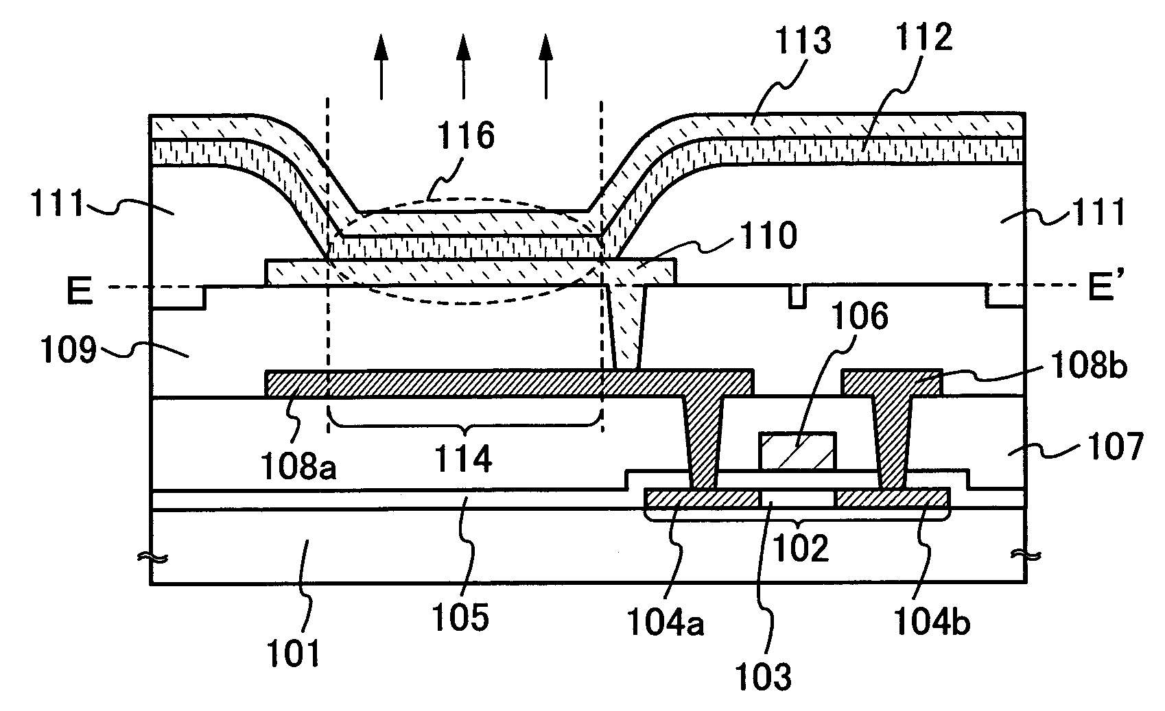 Light emitting structure including an exposed electrode overlapping a wiring or conductive layer