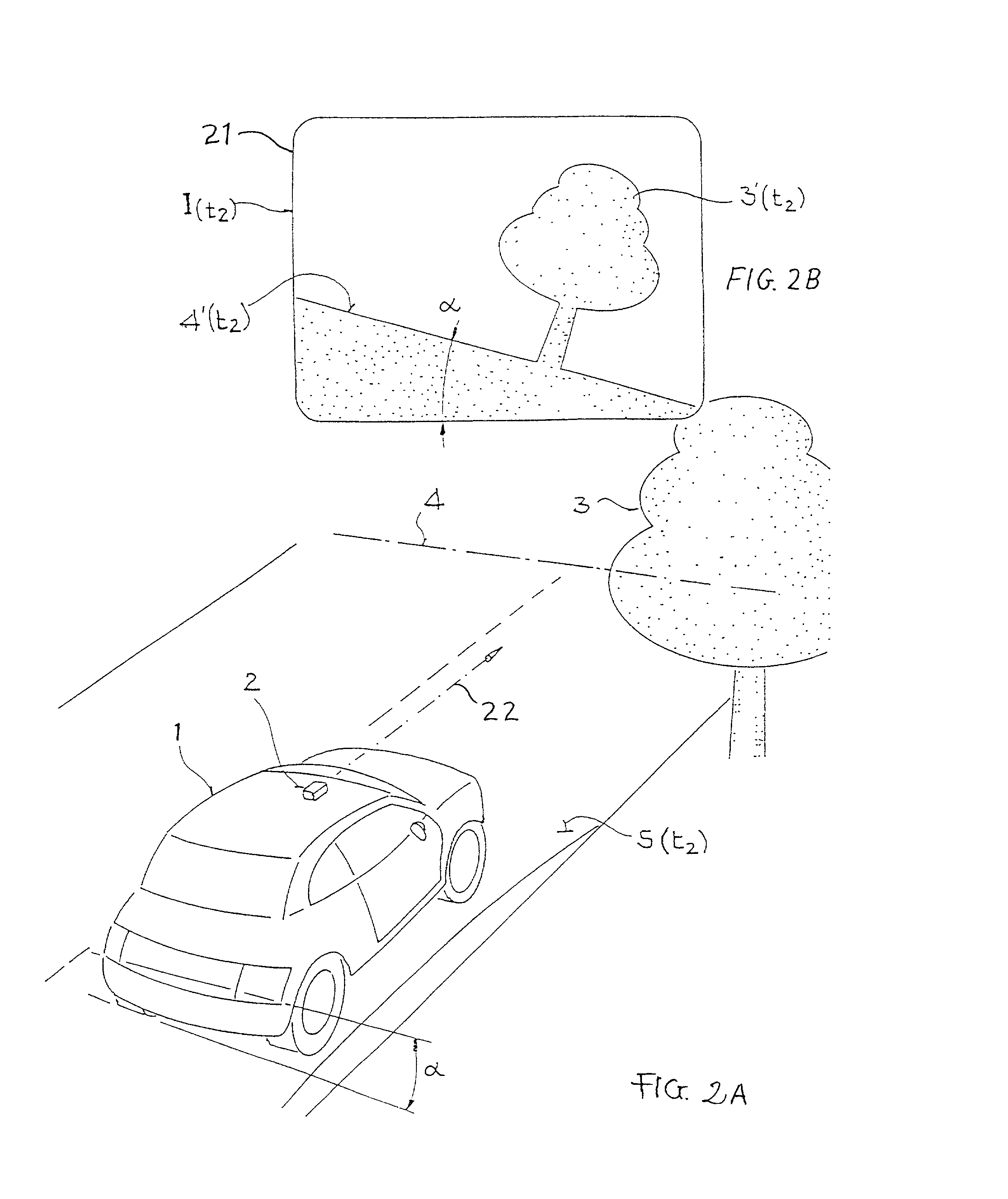 Method for optically monitoring the environment of a moving vehicle to determine an inclination angle