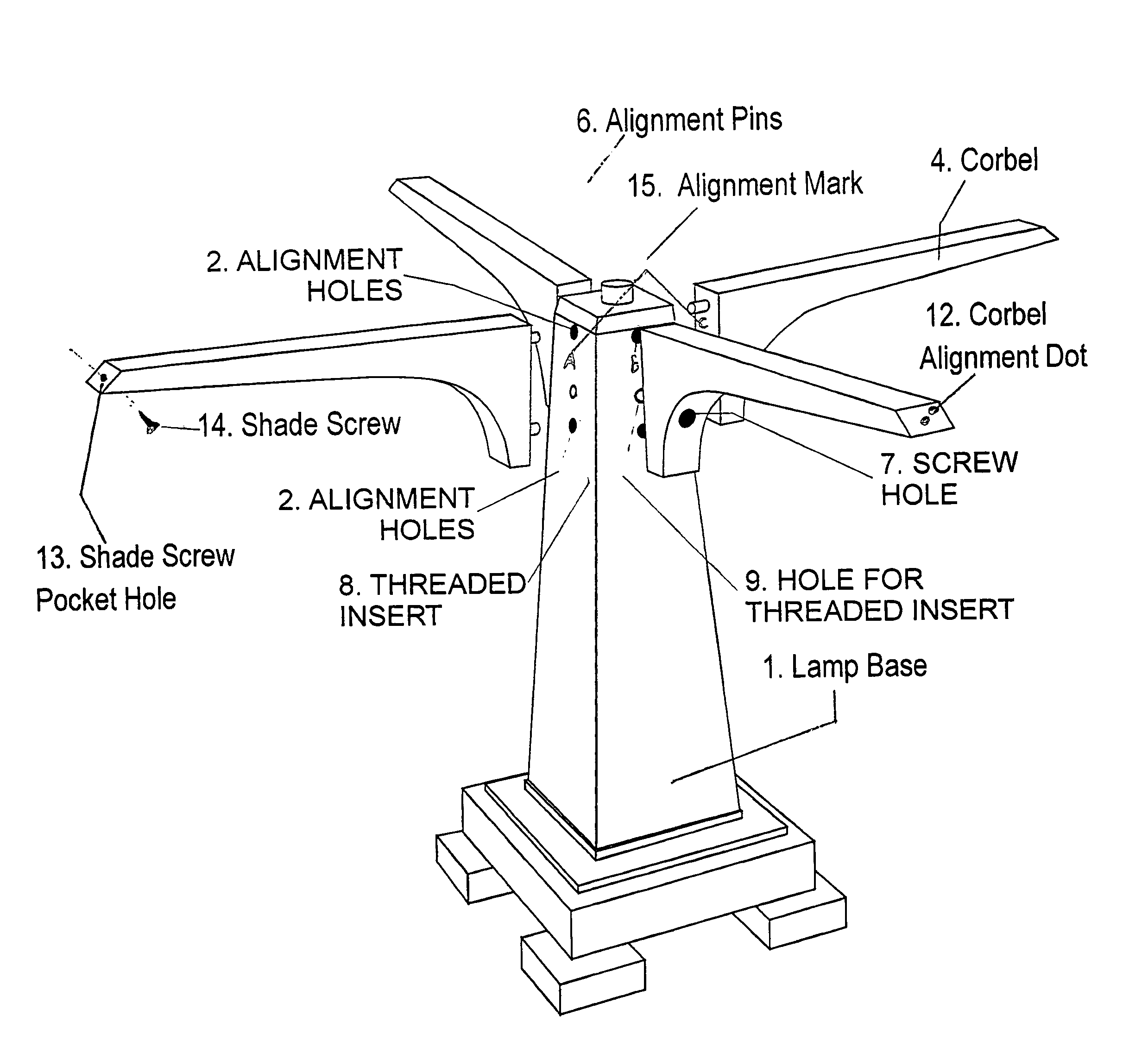 Assembly of a wooden lamp with detachable and re-attachable wooden corbels