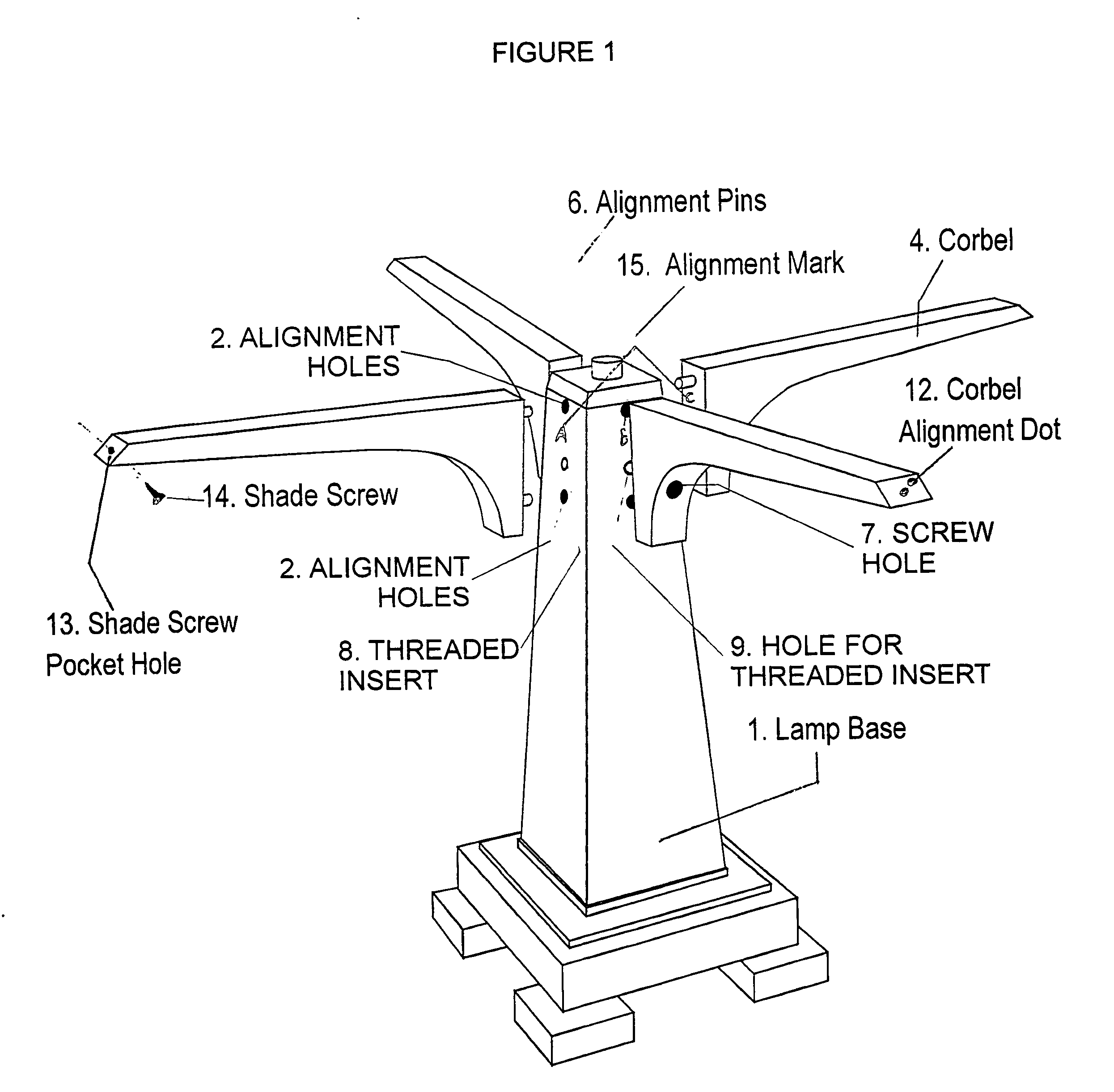 Assembly of a wooden lamp with detachable and re-attachable wooden corbels