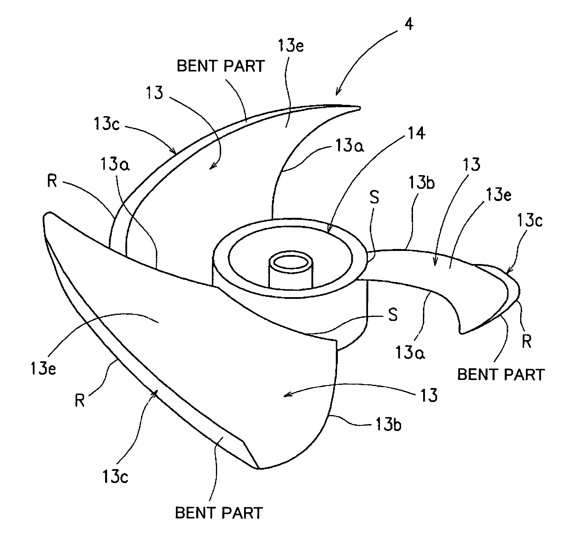 Air blower apparatus having blades with outer peripheral bends