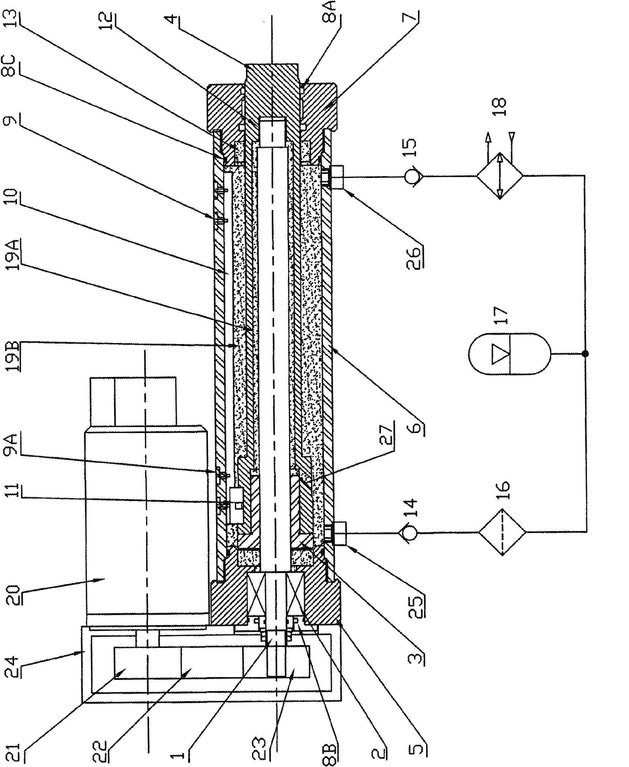 Force balance type electric cylinder featuring fluid circulation