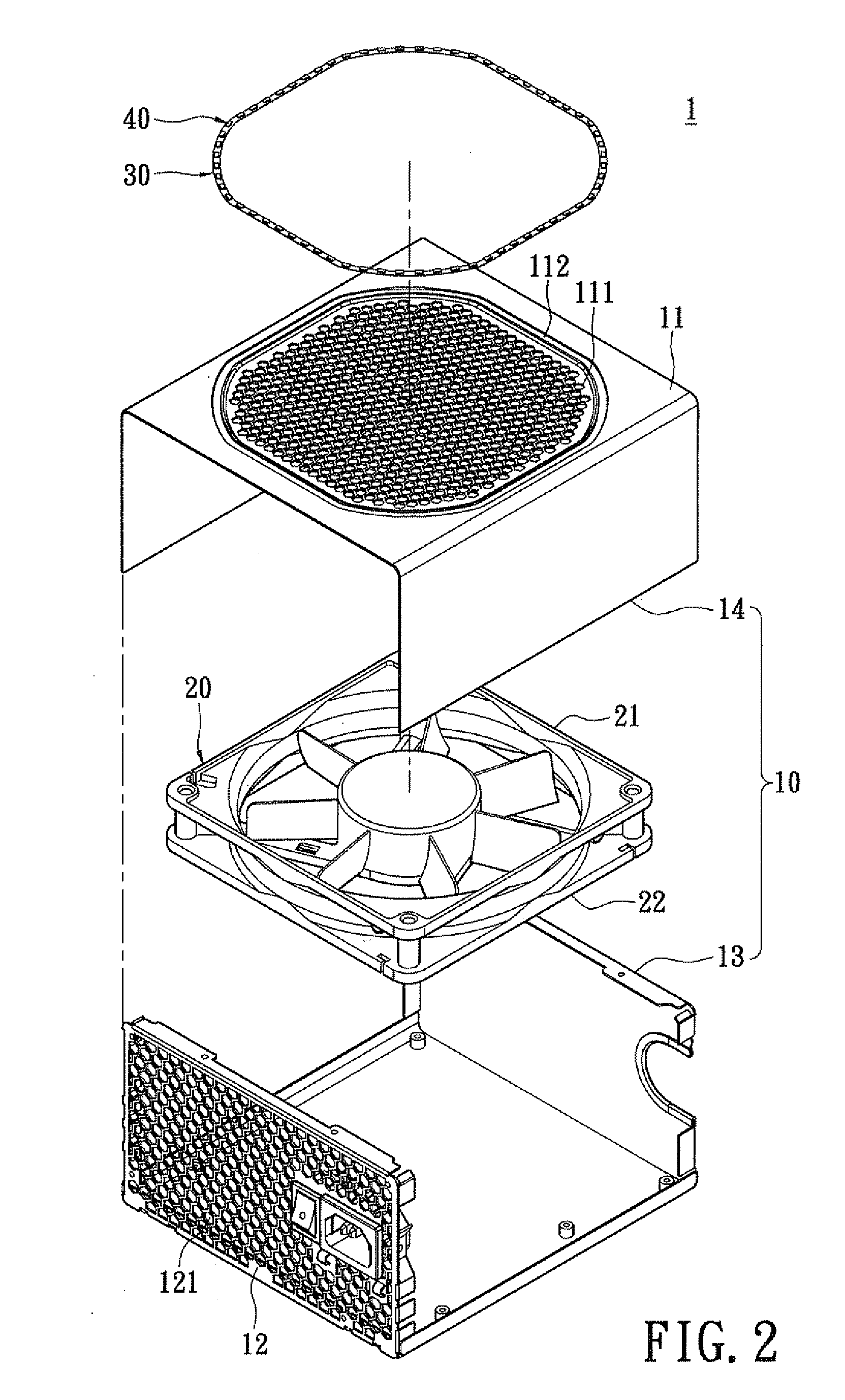 Power supply and a housing structure with the power supply