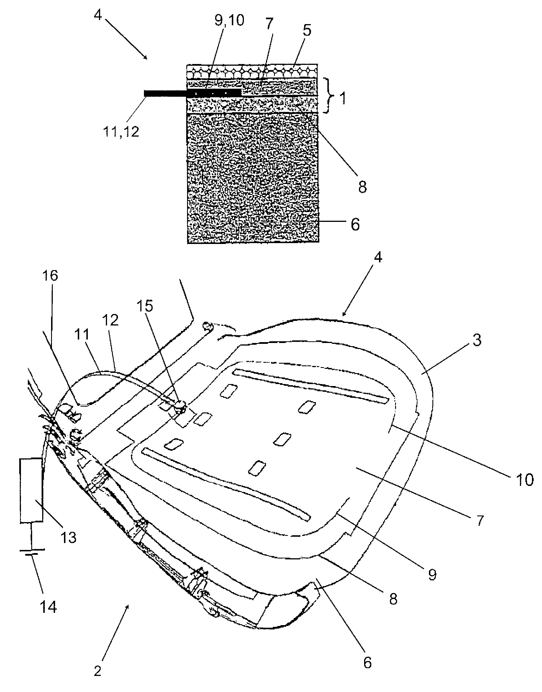 Surface heating, method for its production, and heatable object, and seat occupancy recognition, seat with it, and seat occupancy recognition method