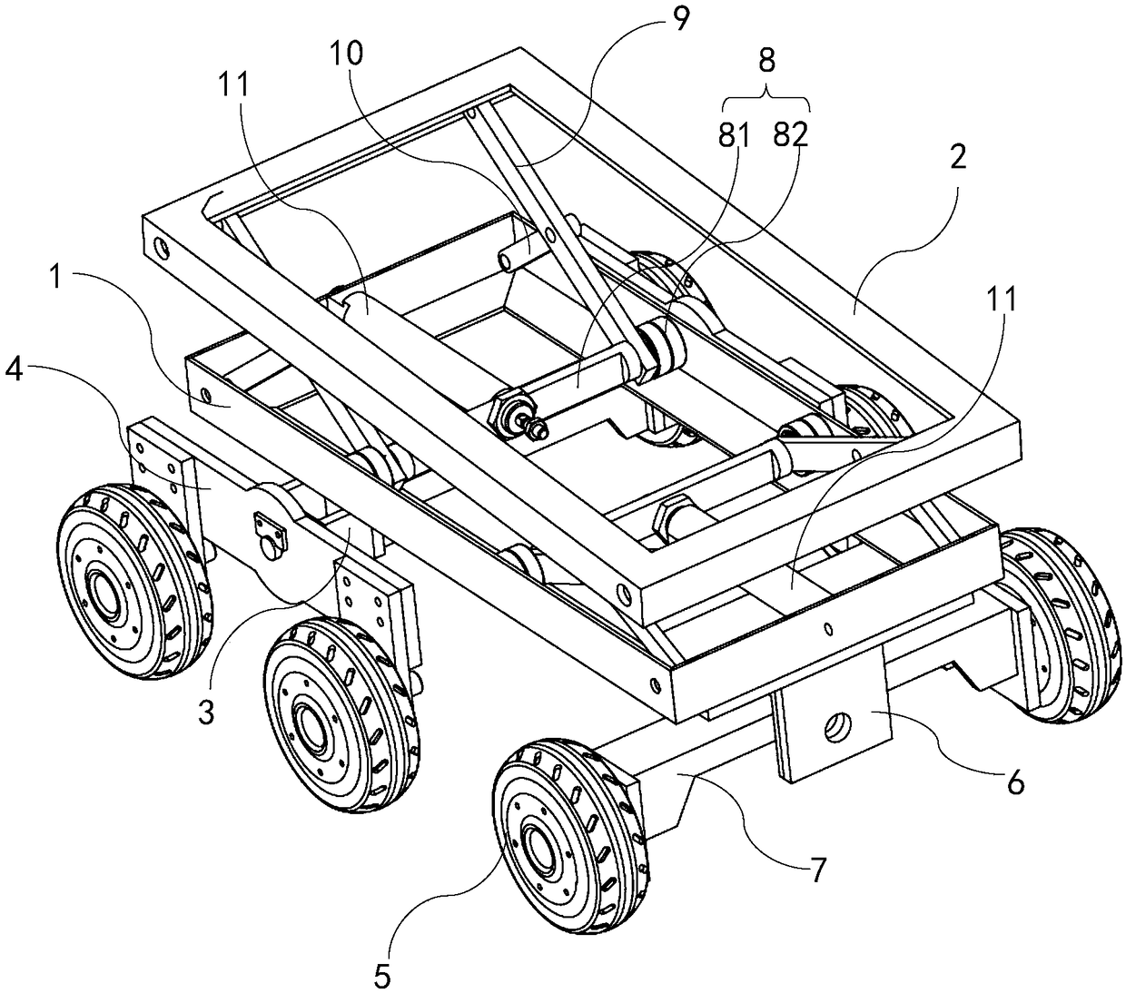 A wheeled obstacle-crossing deformation chassis and a working method thereof