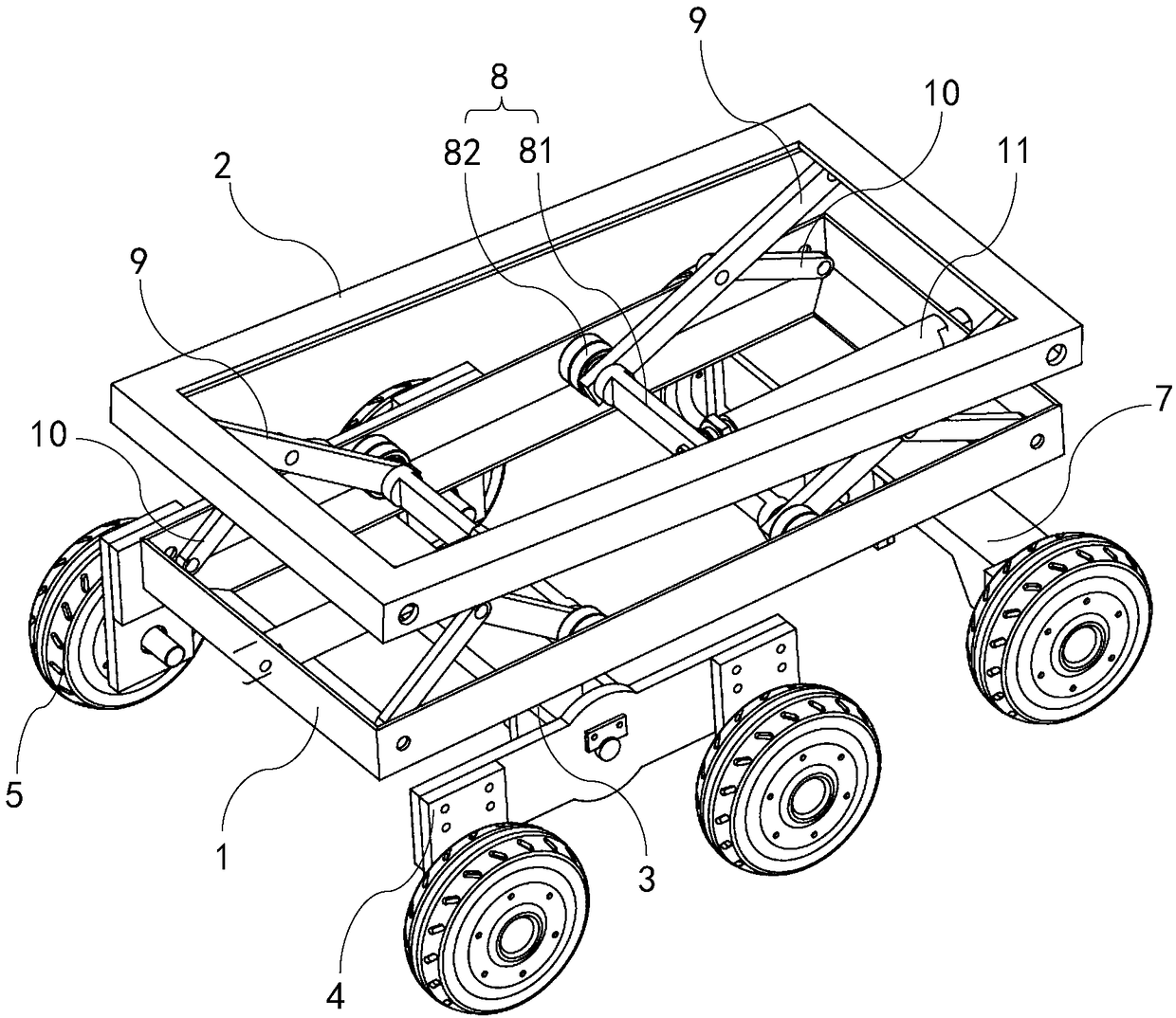 A wheeled obstacle-crossing deformation chassis and a working method thereof