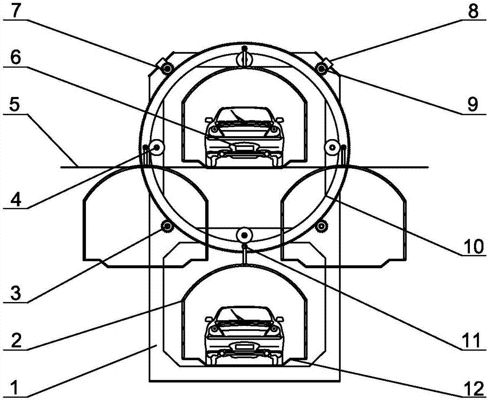 Motor-vehicle four-parking-space underground garage adopting non-center-shaft hollow gear transmission