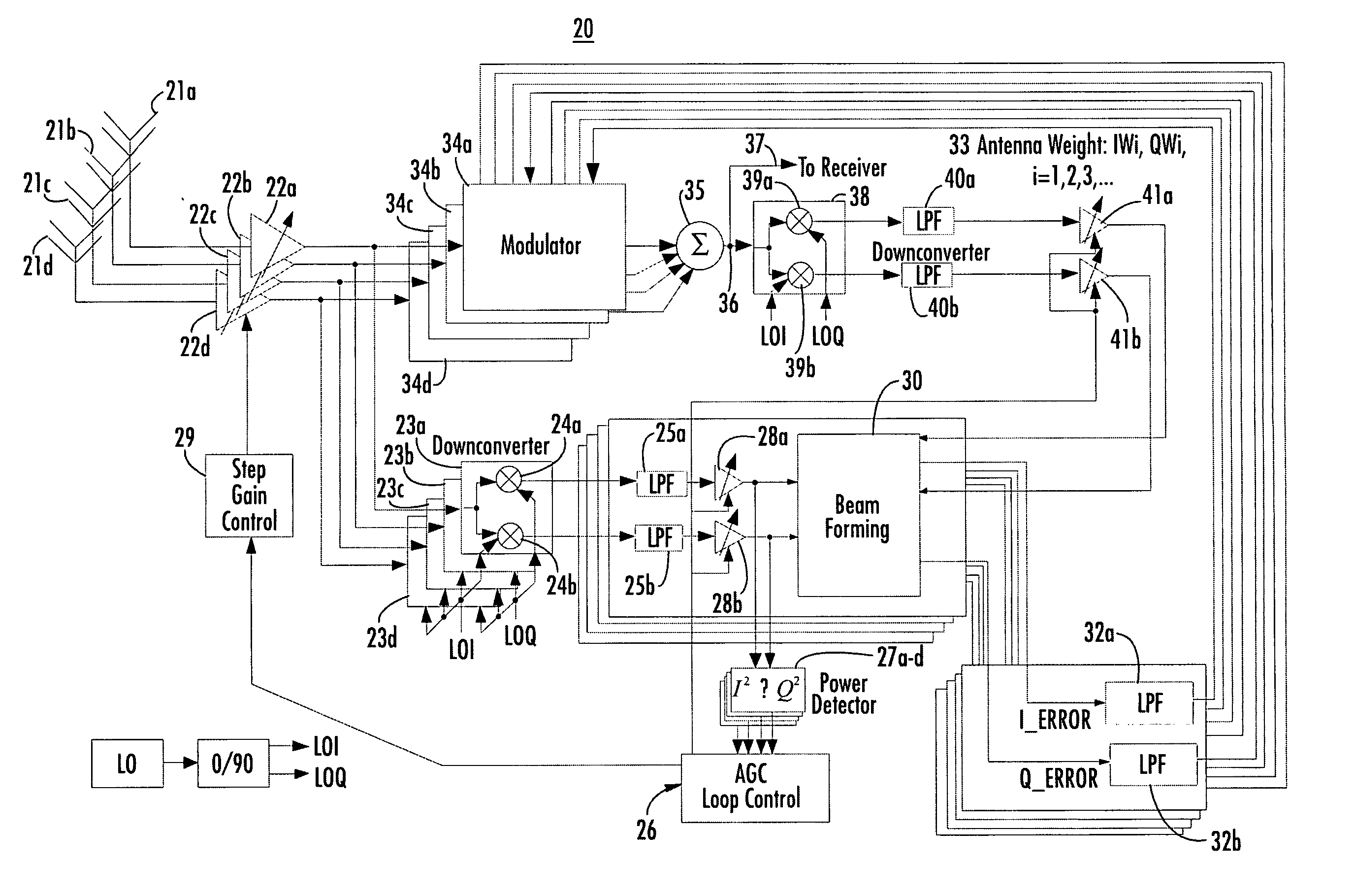 Wireless communication system using a plurality of antenna elements with adaptive weighting and combining techniques