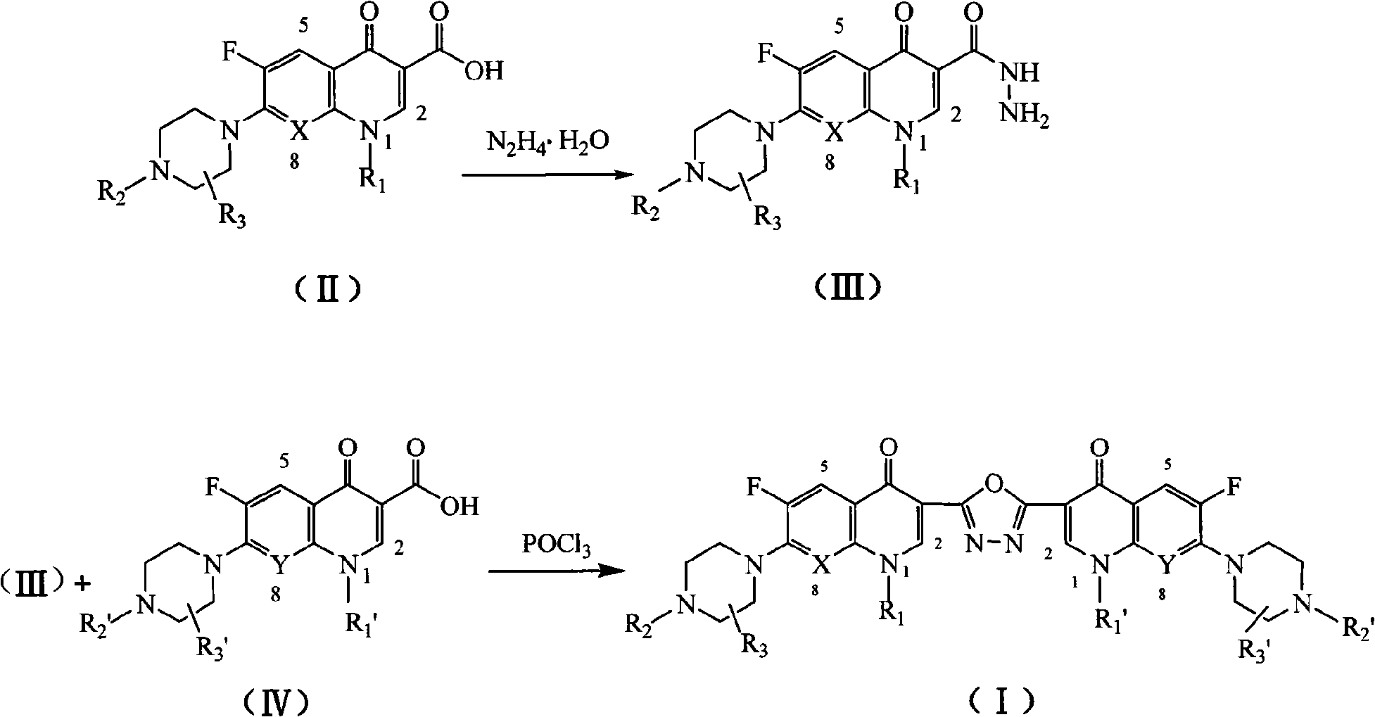 C3/C3 fluoroquinolone dimmer derivative using oxadiazole as connection chain as well as preparation method and application thereof