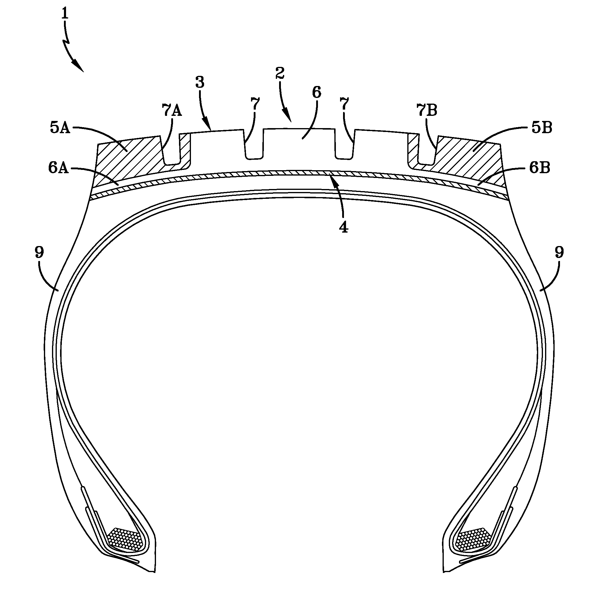 Tire with rubber tread of intermedial and lateral zones with path of least electrical resistance