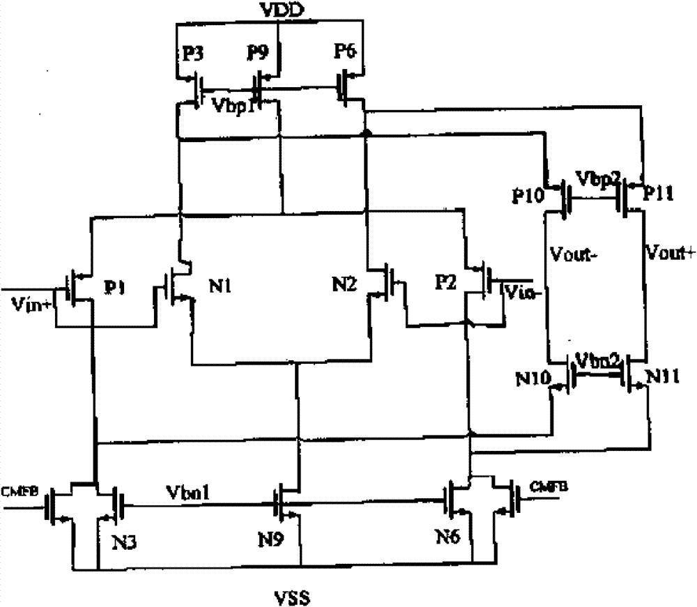 Broadband rail-to-rail amplifier with low power consumption, realized by MOS (Metal Oxide Semiconductor) components