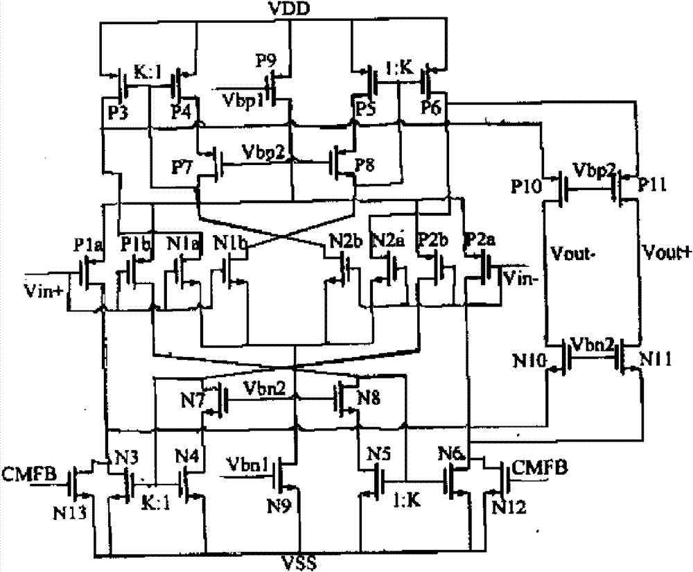 Broadband rail-to-rail amplifier with low power consumption, realized by MOS (Metal Oxide Semiconductor) components