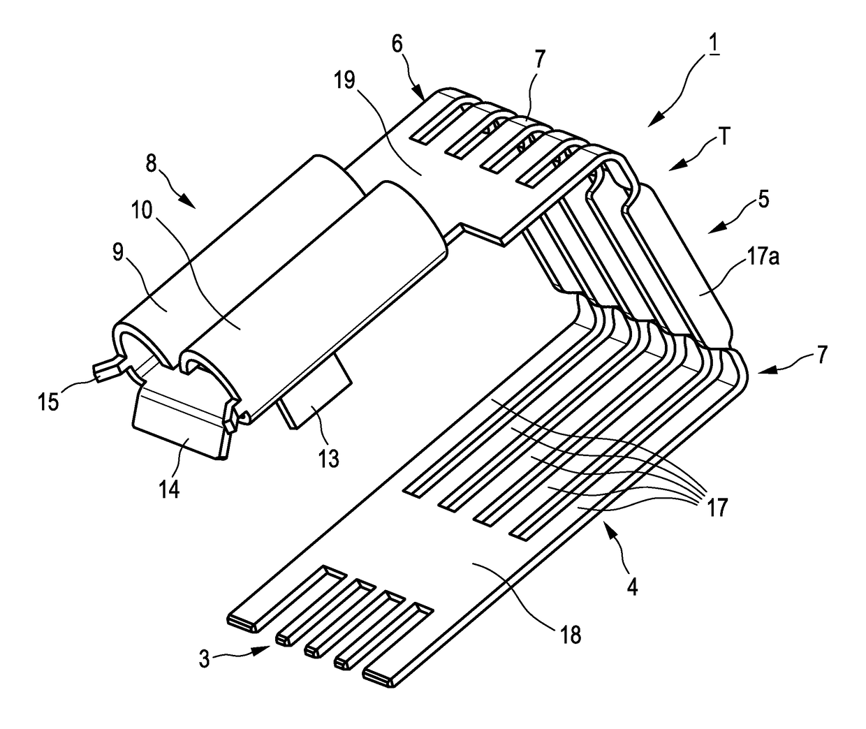 Contact device mechanically mountable and electrically connectable on a printed circuit board by a fastening portion for receipt of an external plug element