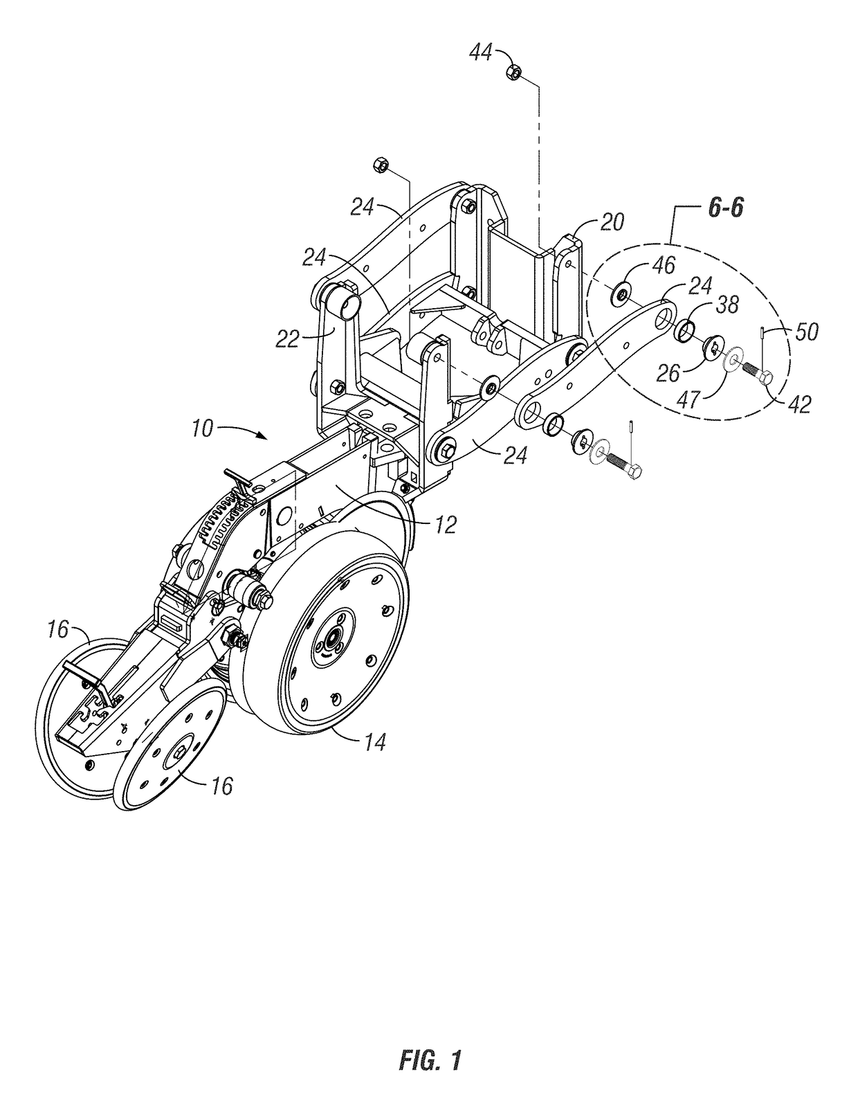 Agricultural planter having tapered bearings on row unit mounting bracket