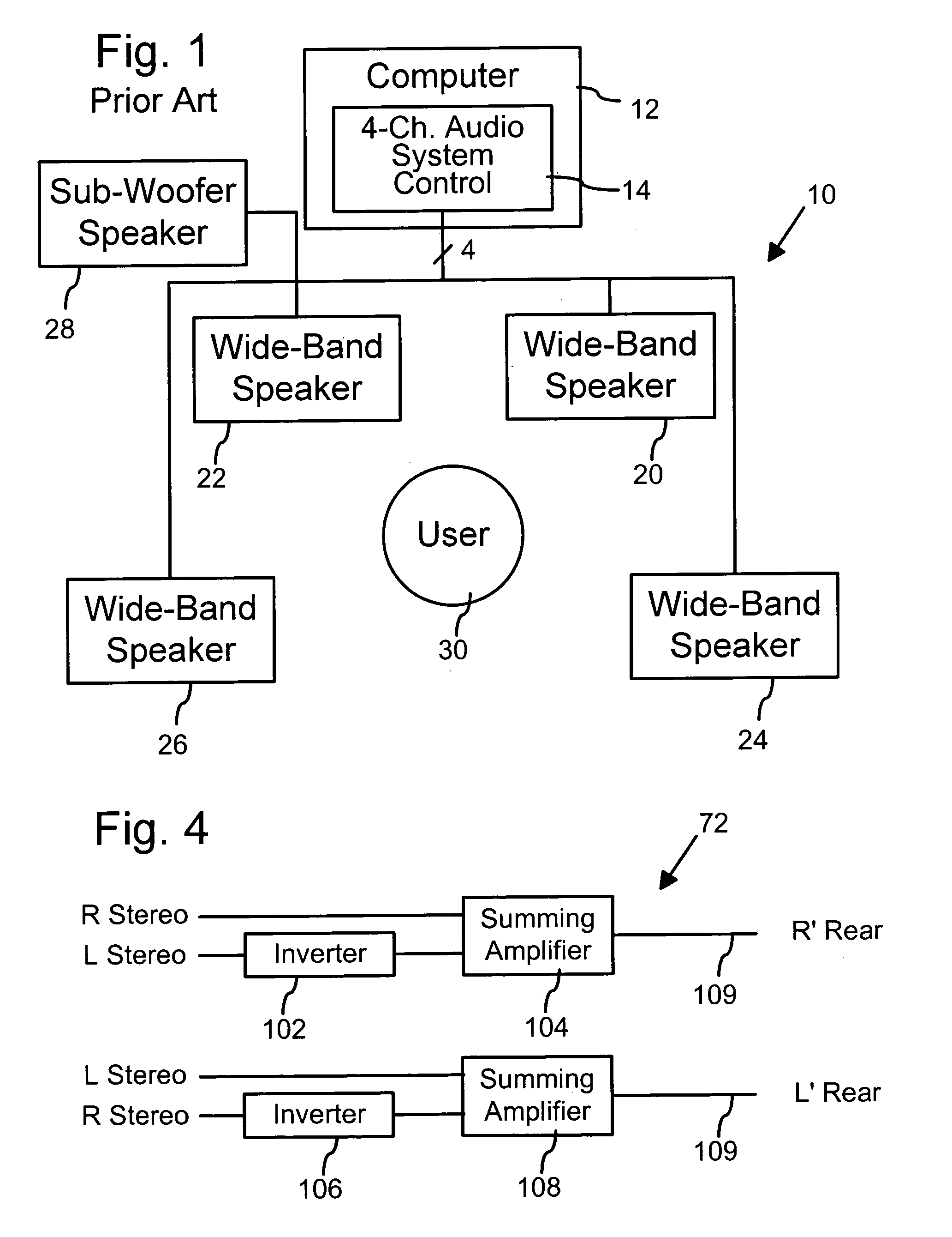 Universal four-channel surround sound speaker system for multimedia computer audio sub-systems