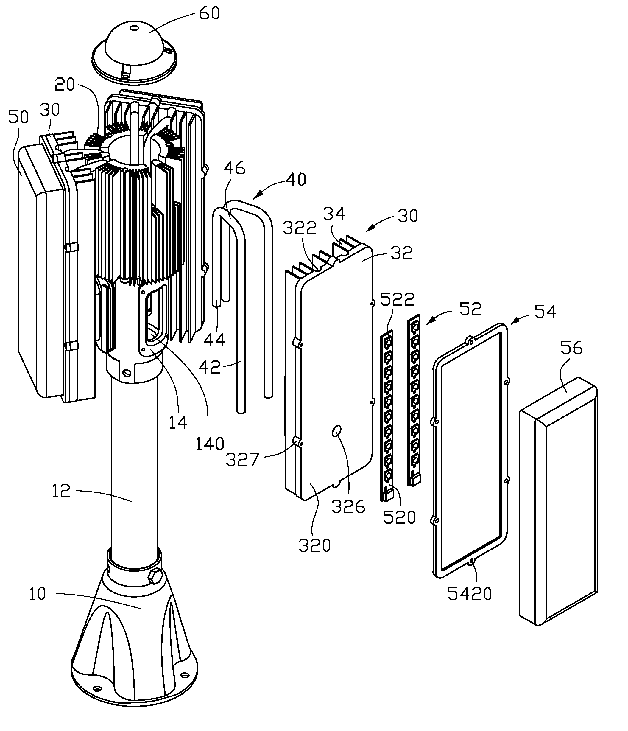 LED lamp assembly having heat pipes and finned heat sinks