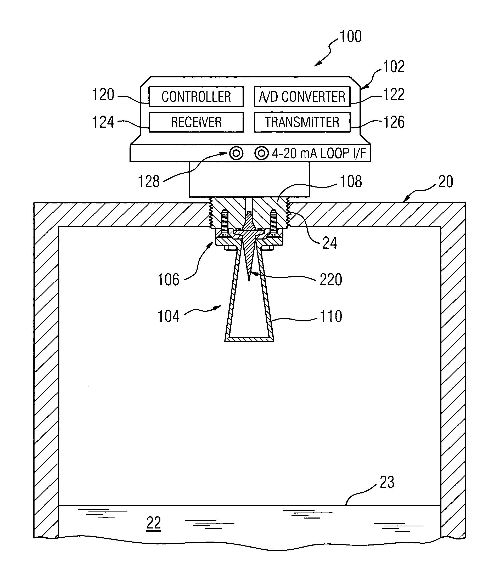 Horn antenna with a composite emitter for a radar-based level measurement system