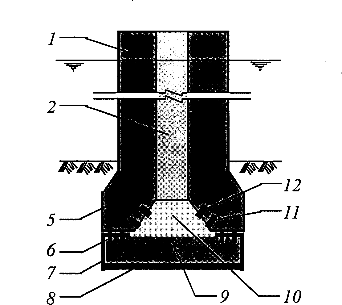 Large-sized concrete cylindrical structure whose wall end possesses excavating device and sinking method