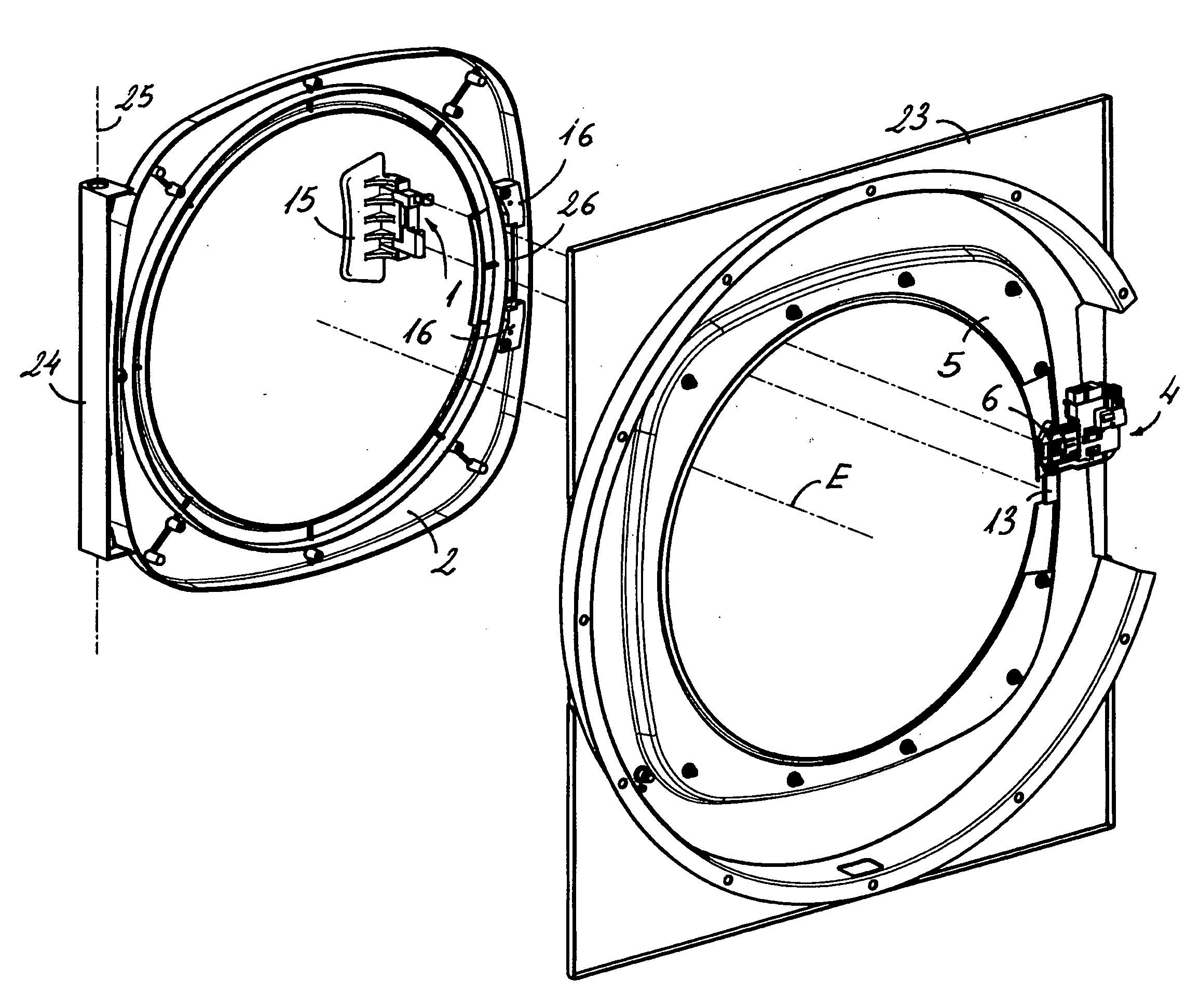 Locking device for the door of an apparatus comprising a rotary drum, and a latch for such device
