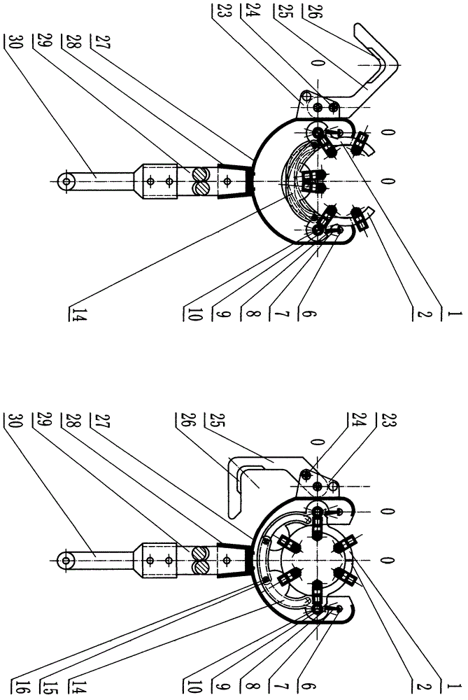 Sugarcane leaf breaking and stripping pull-cutting harvester capable of automatically and synchronously opening and closing under stress