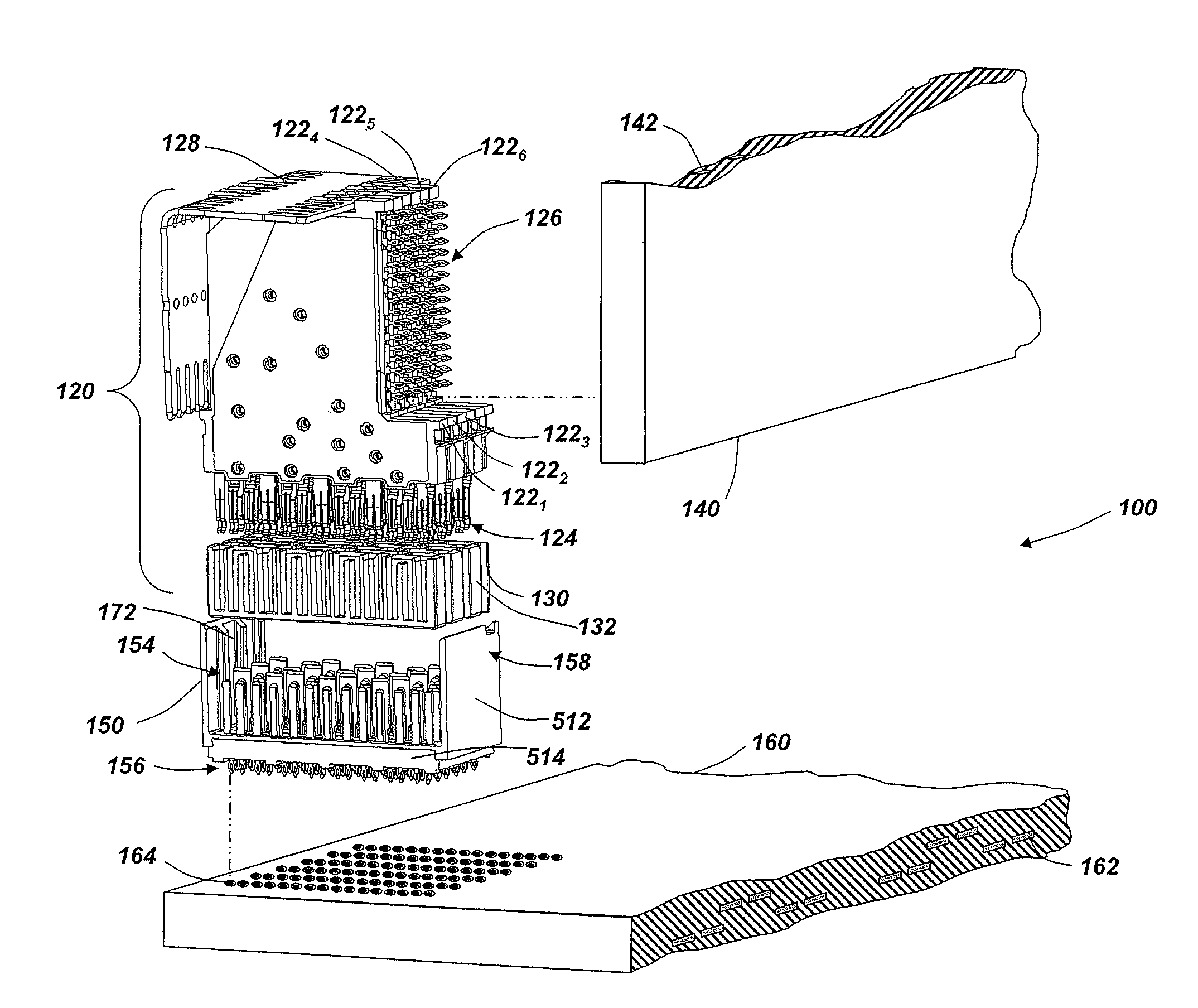 High speed, high density electrical connector with selective positioning of lossy regions