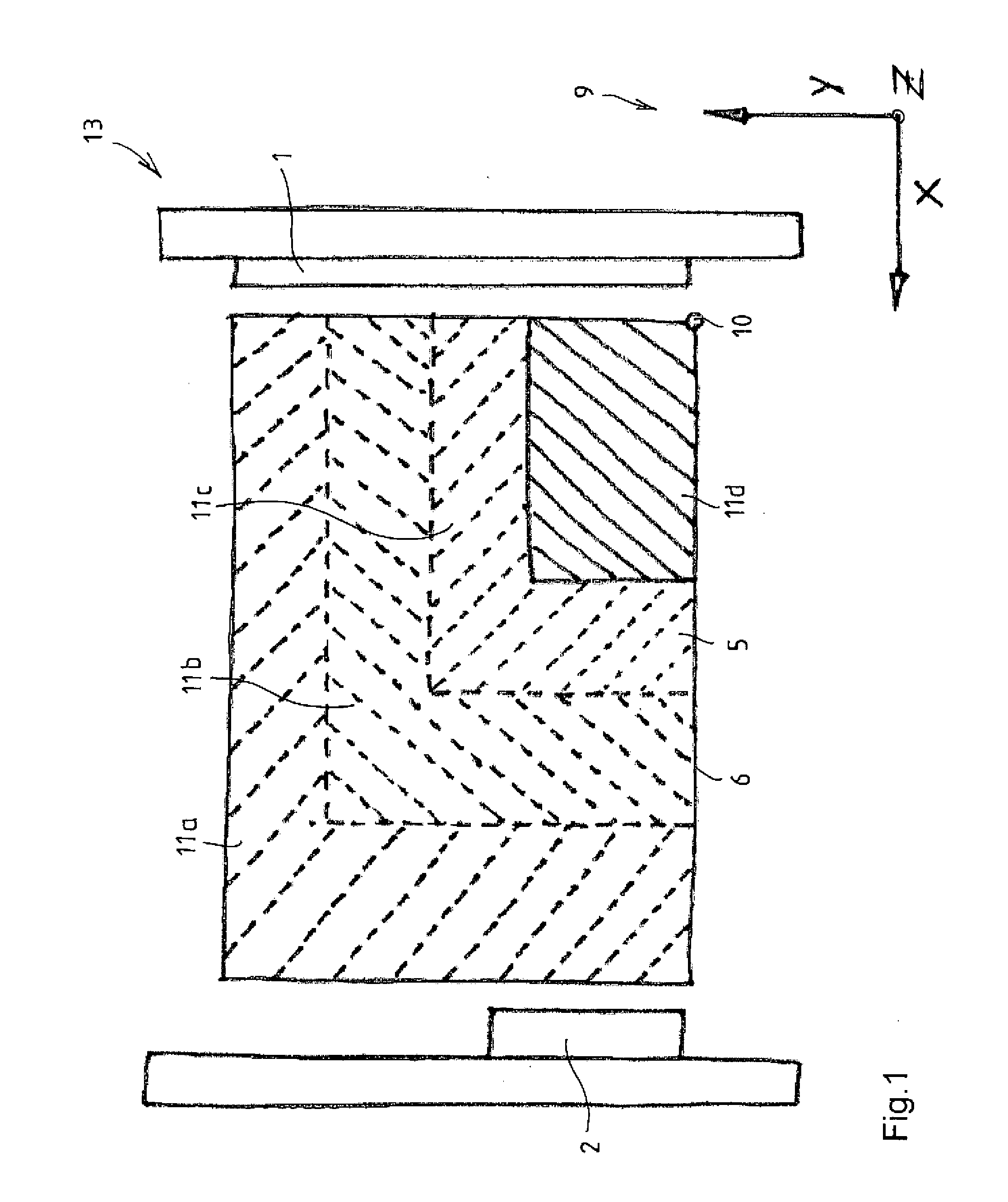 Device and method for constructing a laminar body comprising at least one position adjustable body defining the working area