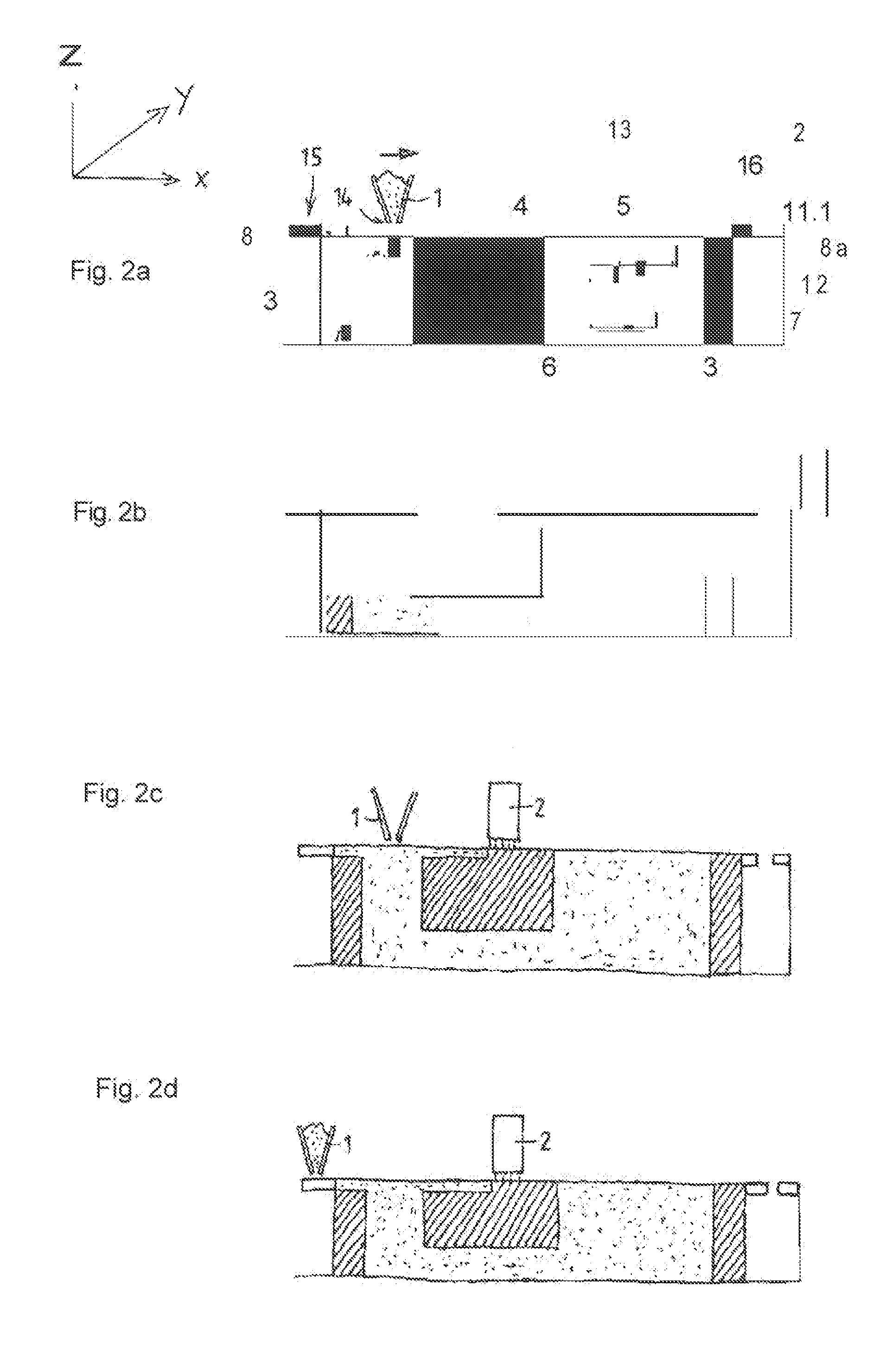 Device and method for constructing a laminar body comprising at least one position adjustable body defining the working area