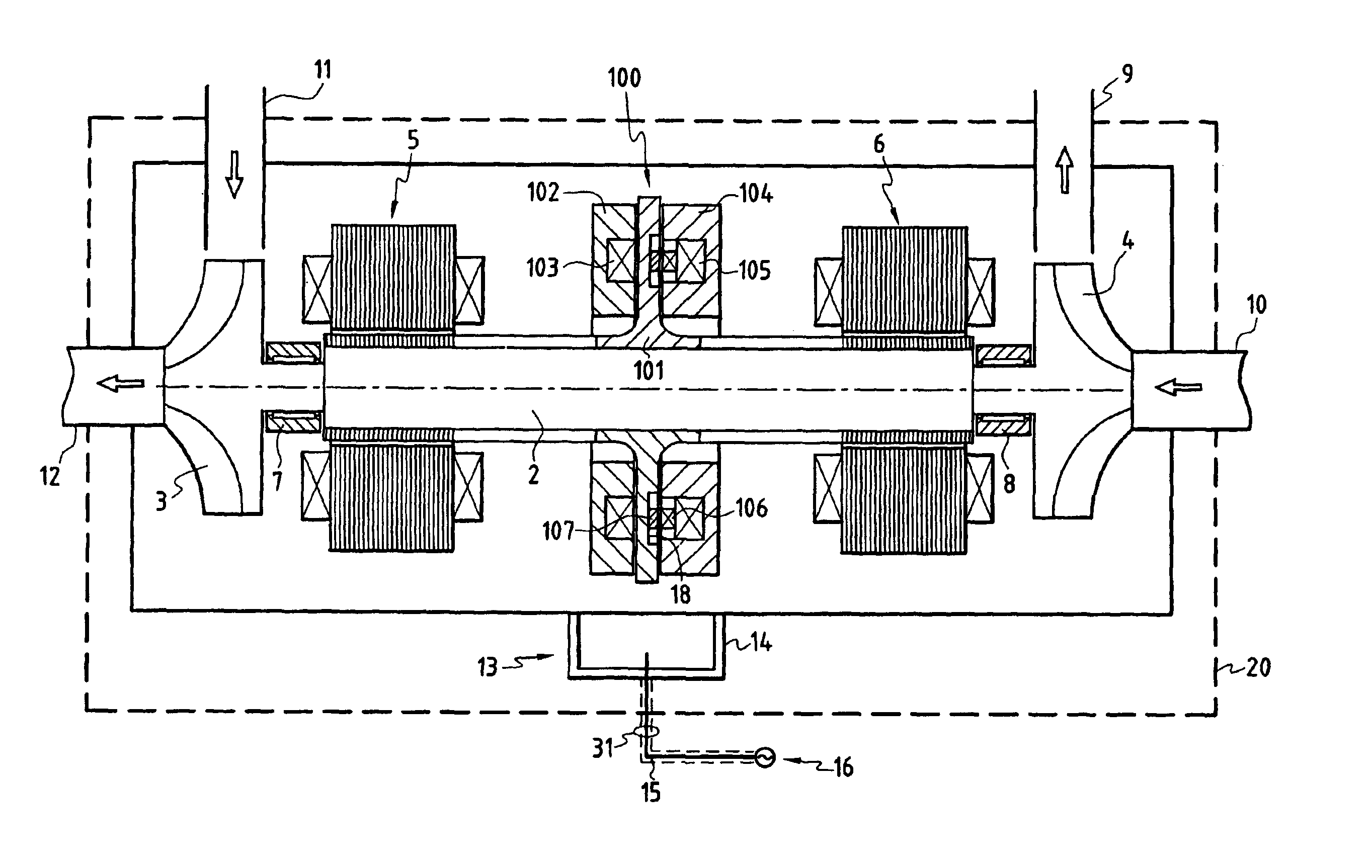 Rotary machine with axial stop incorporating a current generator