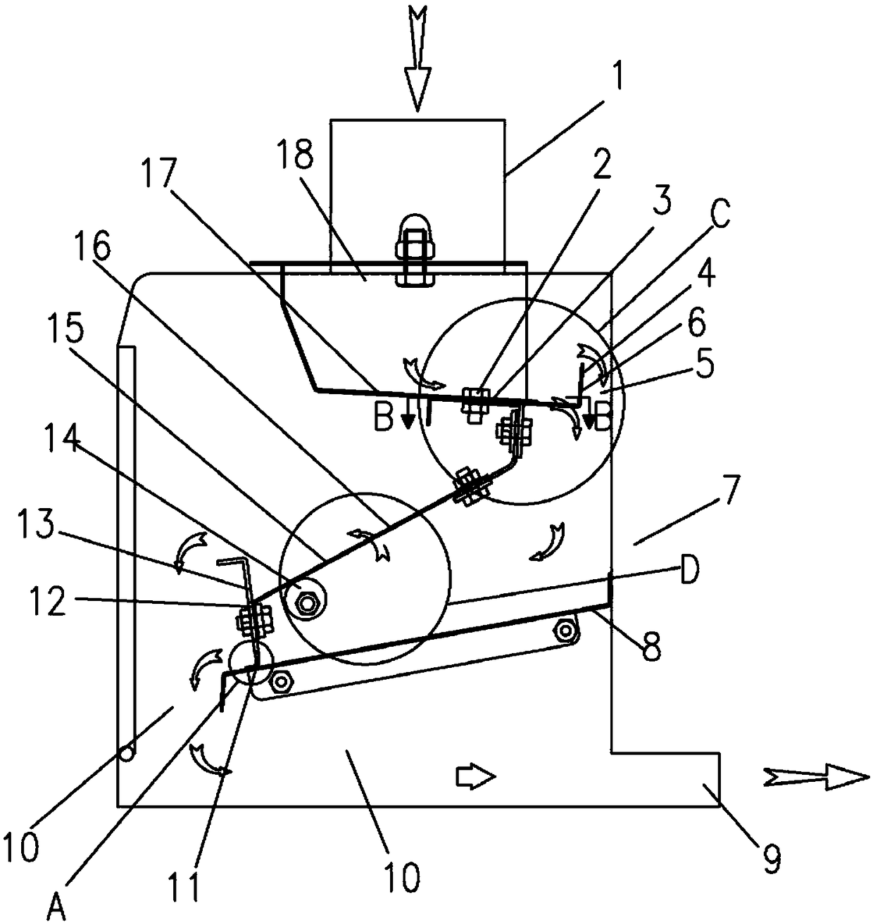 Material feeding and uniformizing device for flour cleaning machine