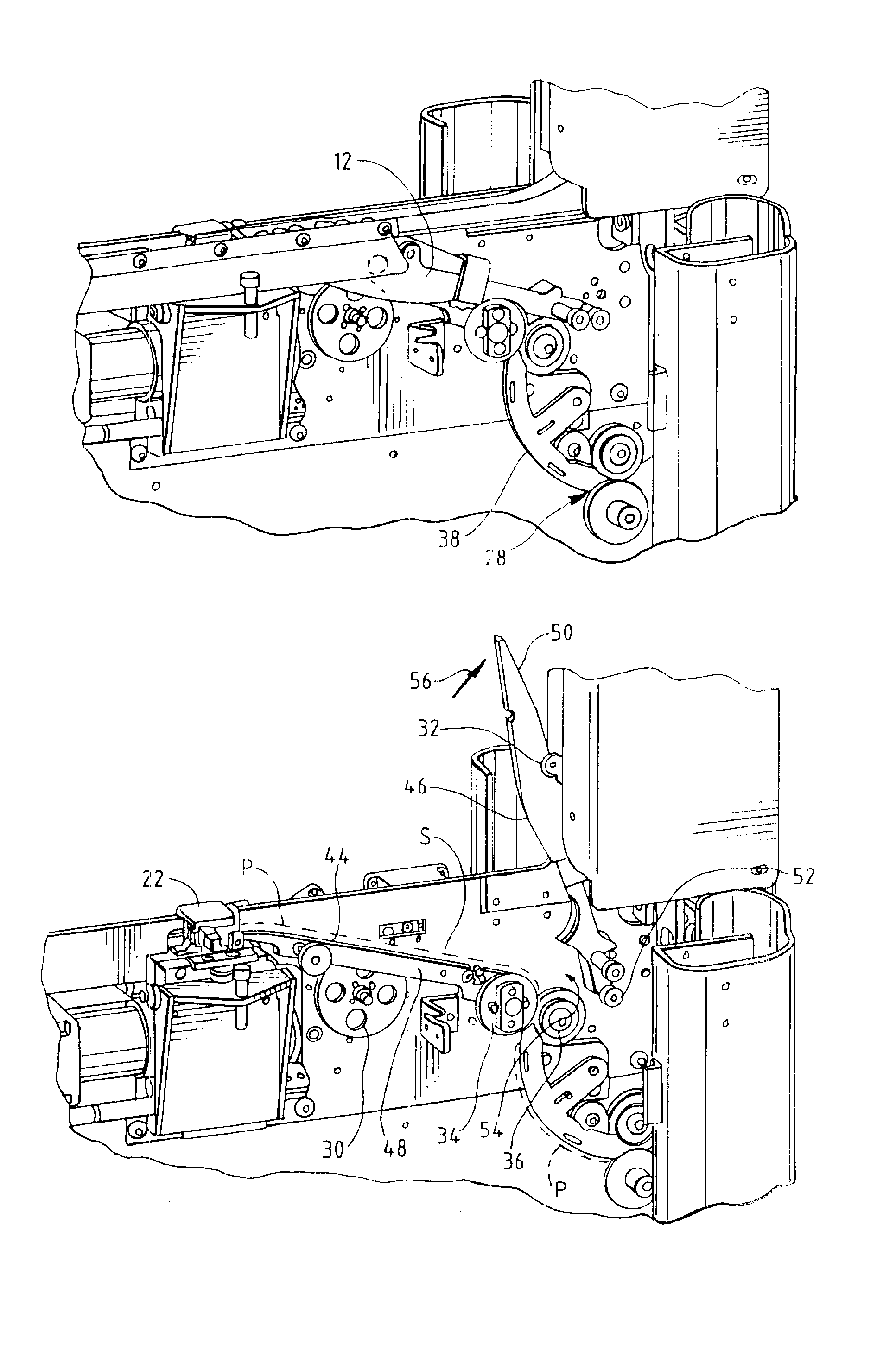 Strapping machine with strap path access guide