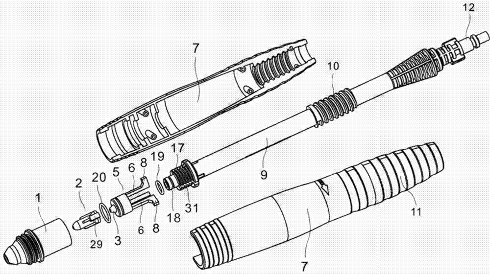 High-low pressure spray nozzle component for high-pressure cleaning equipment