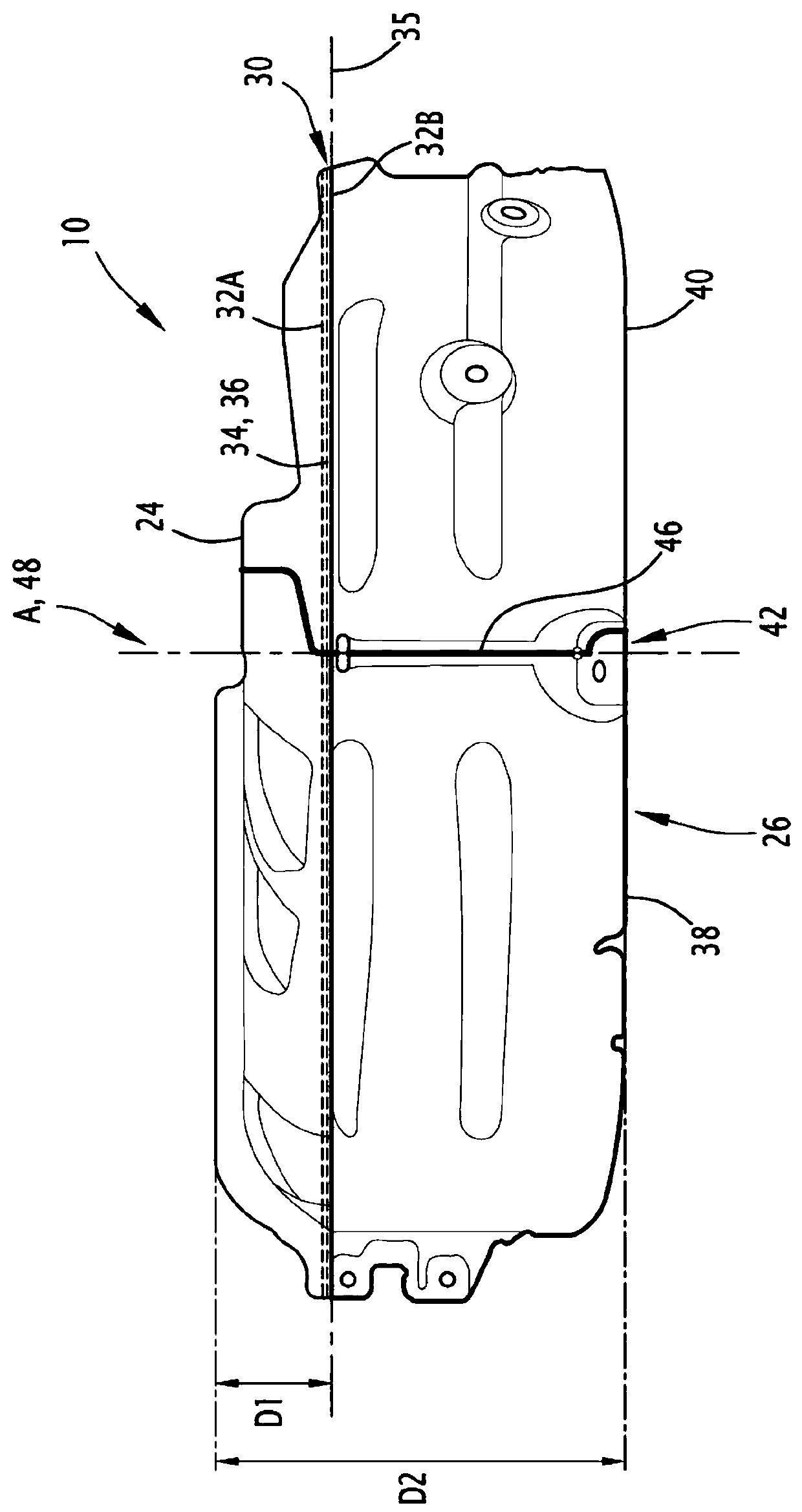 Associated wheel arch housing, vehicle, essential portion and manufacturing method