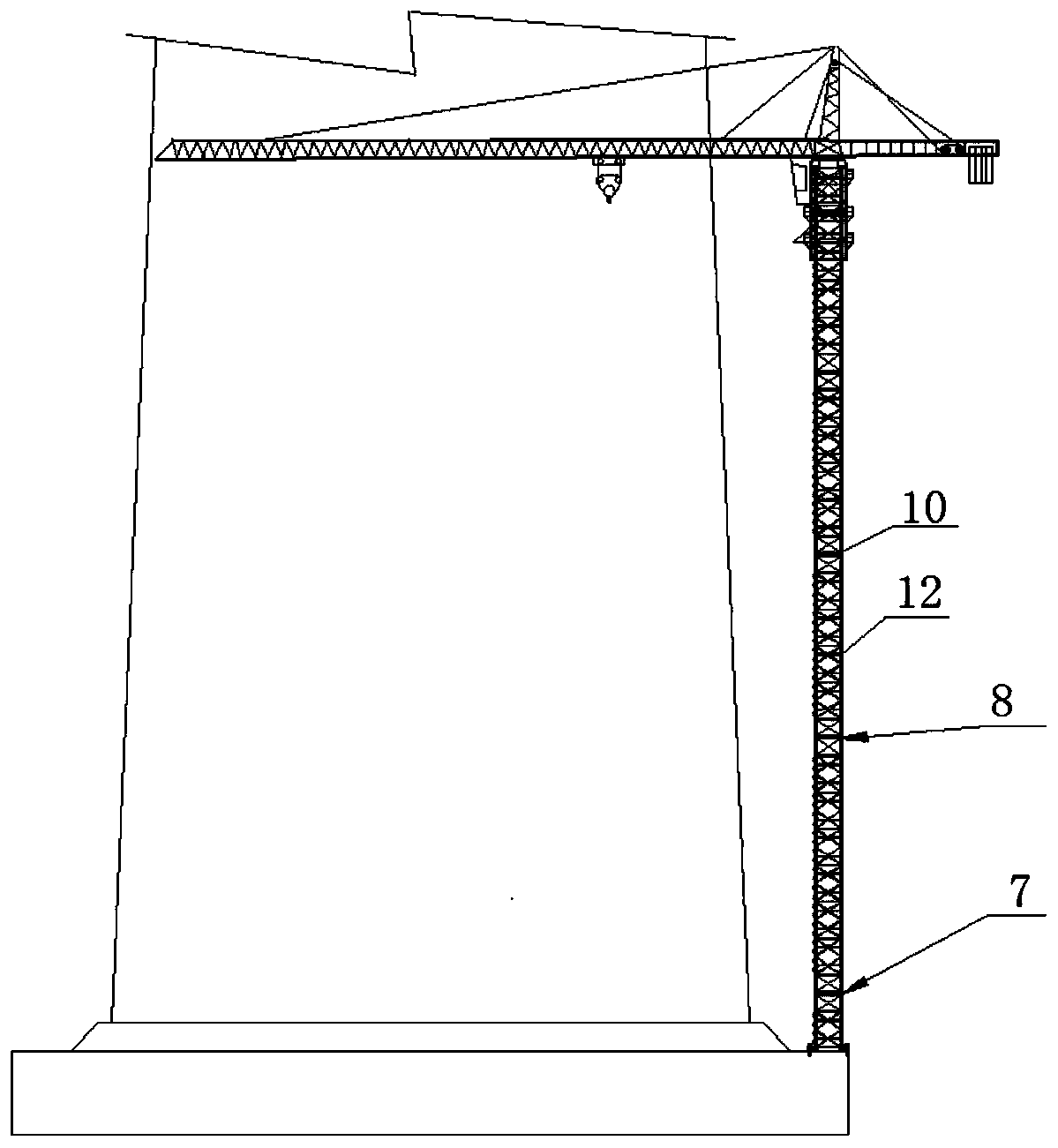 A self-elevating tower crane with variable angle