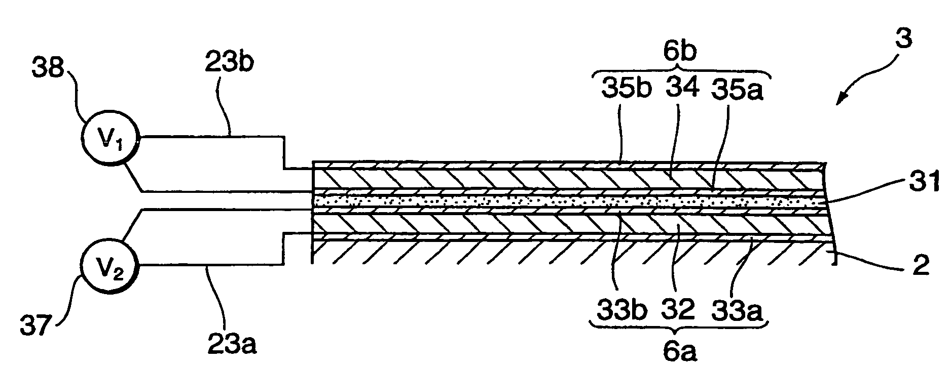 Flexible, suspension, and head gimbal assembly with piezoelectric layer units addressable by a voltage