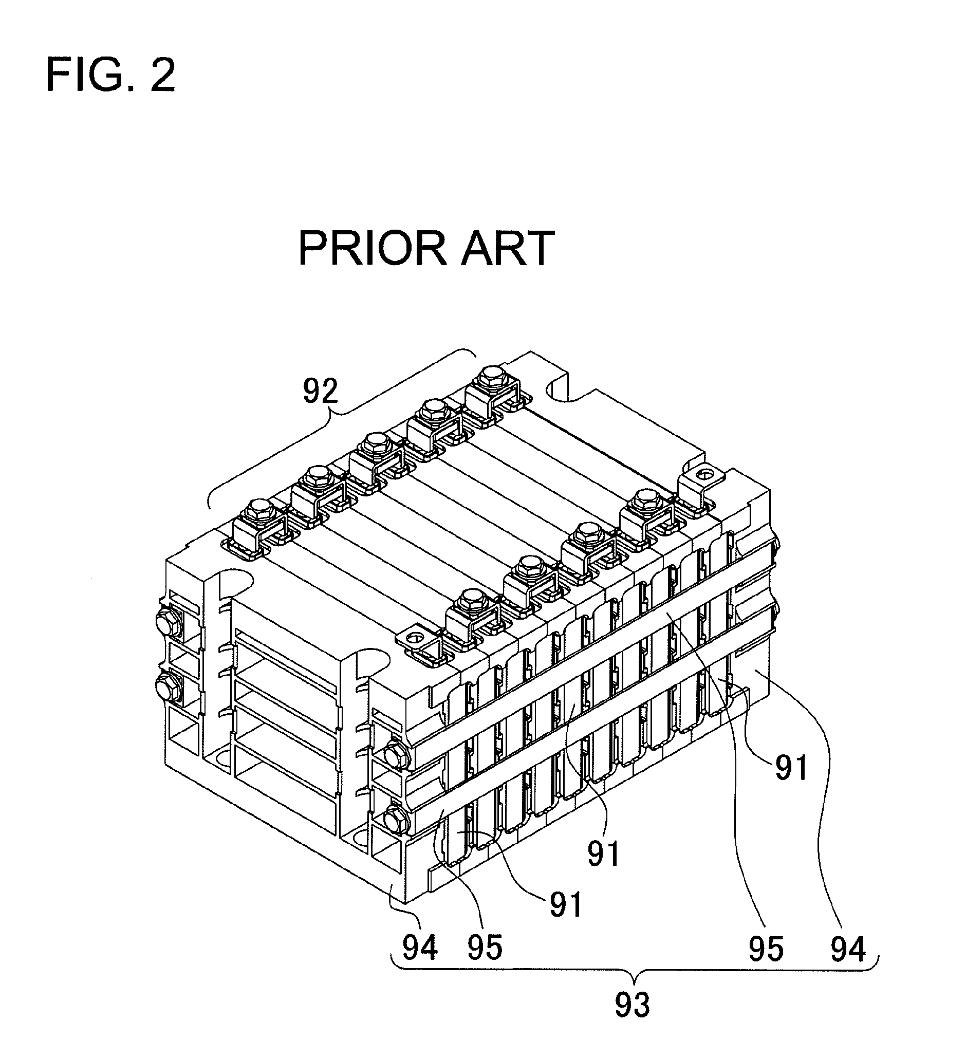 Battery system with battery cells held in a stack by metal bands