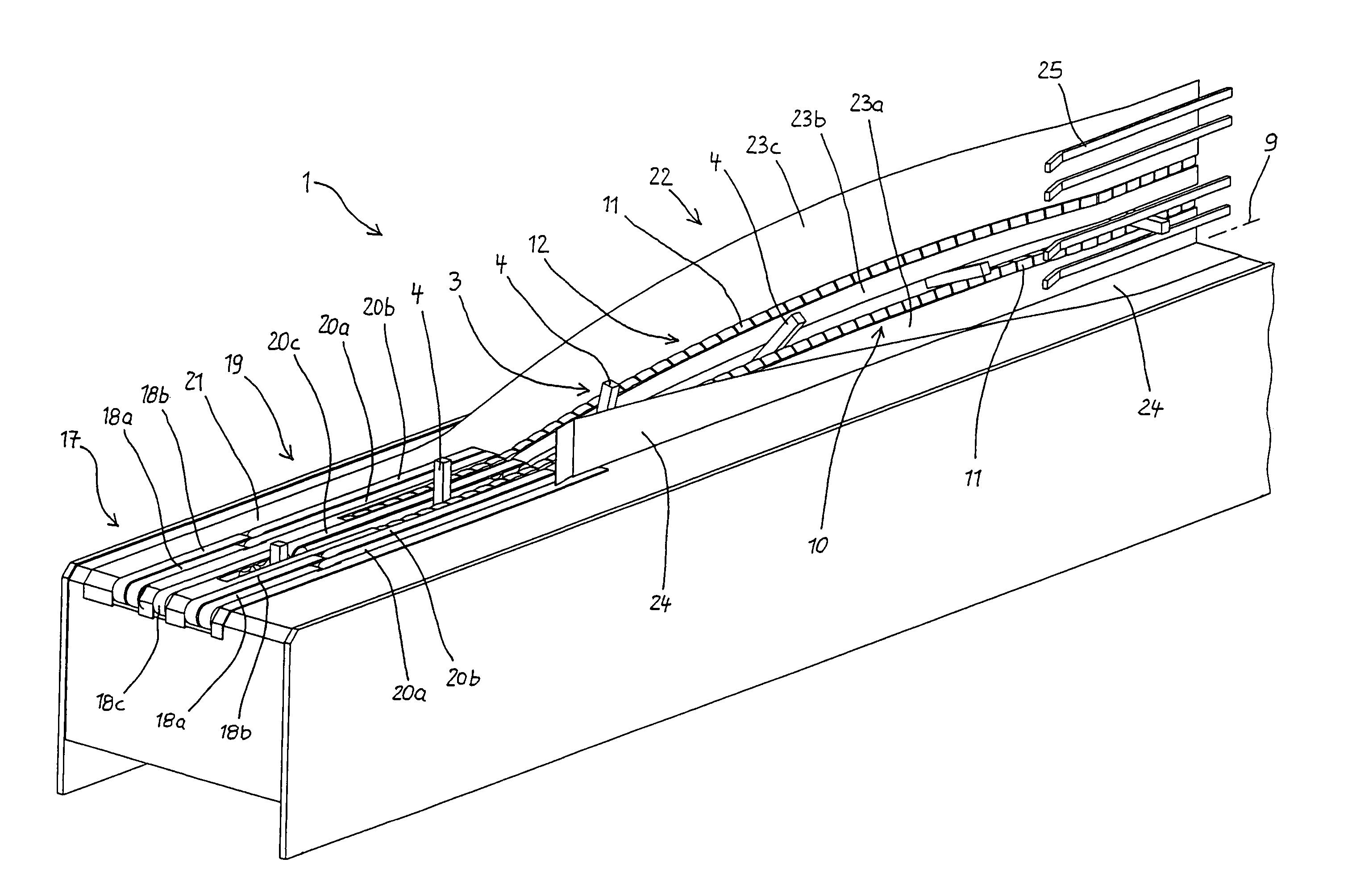 Device for transferring continuously transported printing products from a flat lying position into an upright position or vice versa