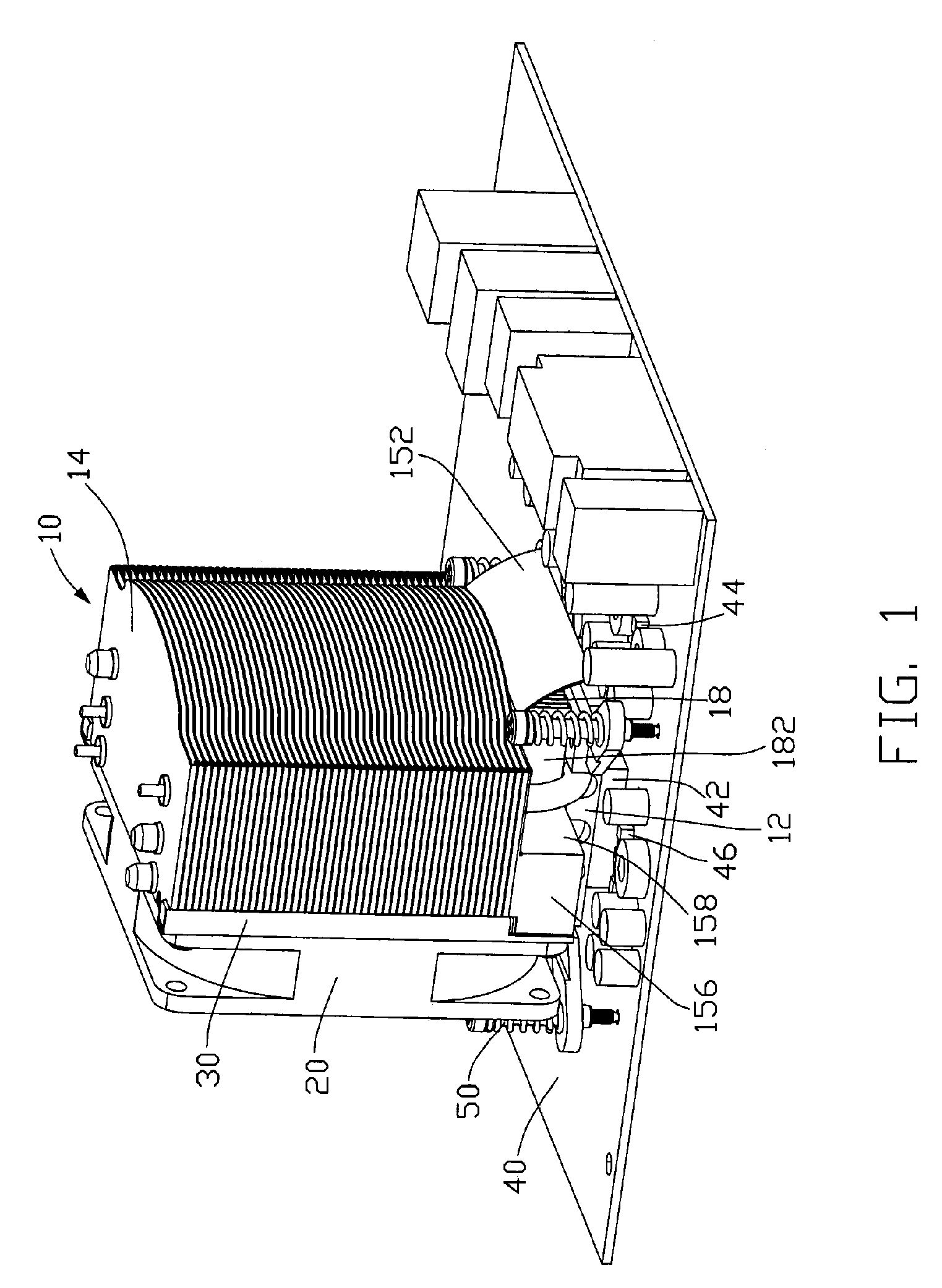 Heat dissipating device having a fin also functioning as a fan duct