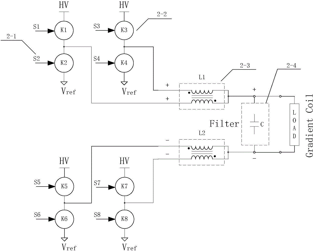 Gradient amplifier applying coupled inductors to output filter